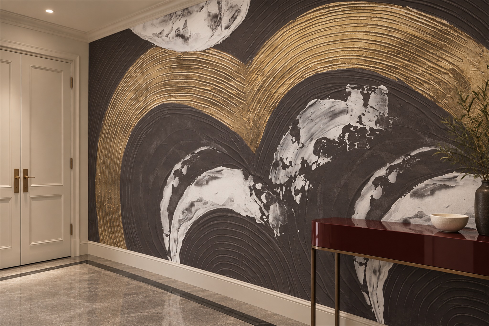 Gold Pattern Decorative Wallpaper Mural Layered Organic Wallpaper Mural Entryway-wallpaper-murals, Peel-and-stick Finish