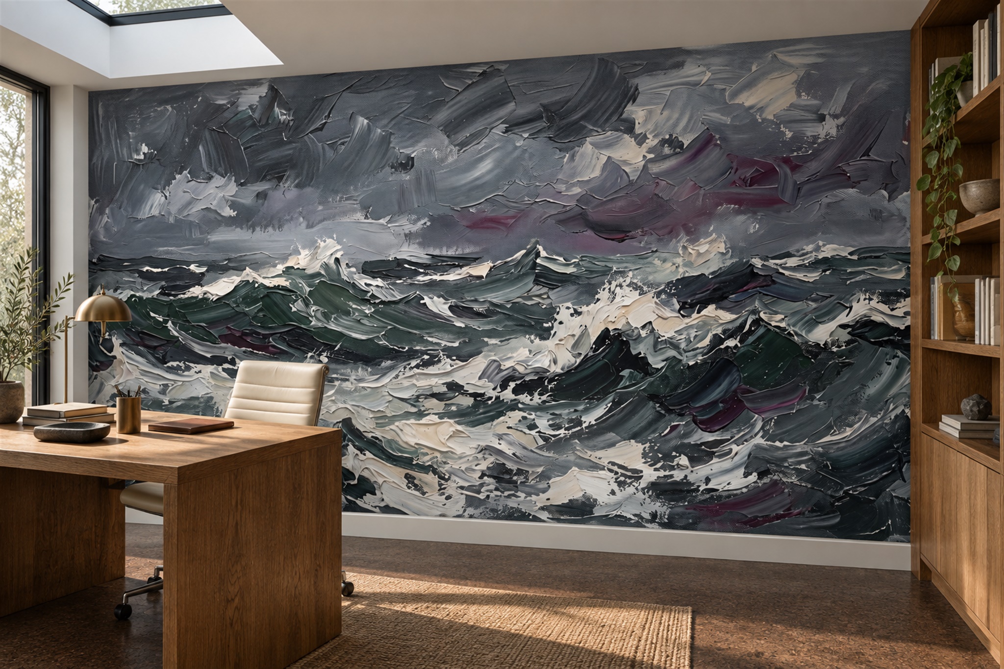 Grey Waves Artful Wallpaper Mural Home-office-wallpaper-murals, Shown In A Home Office, Peel-and-stick Finish