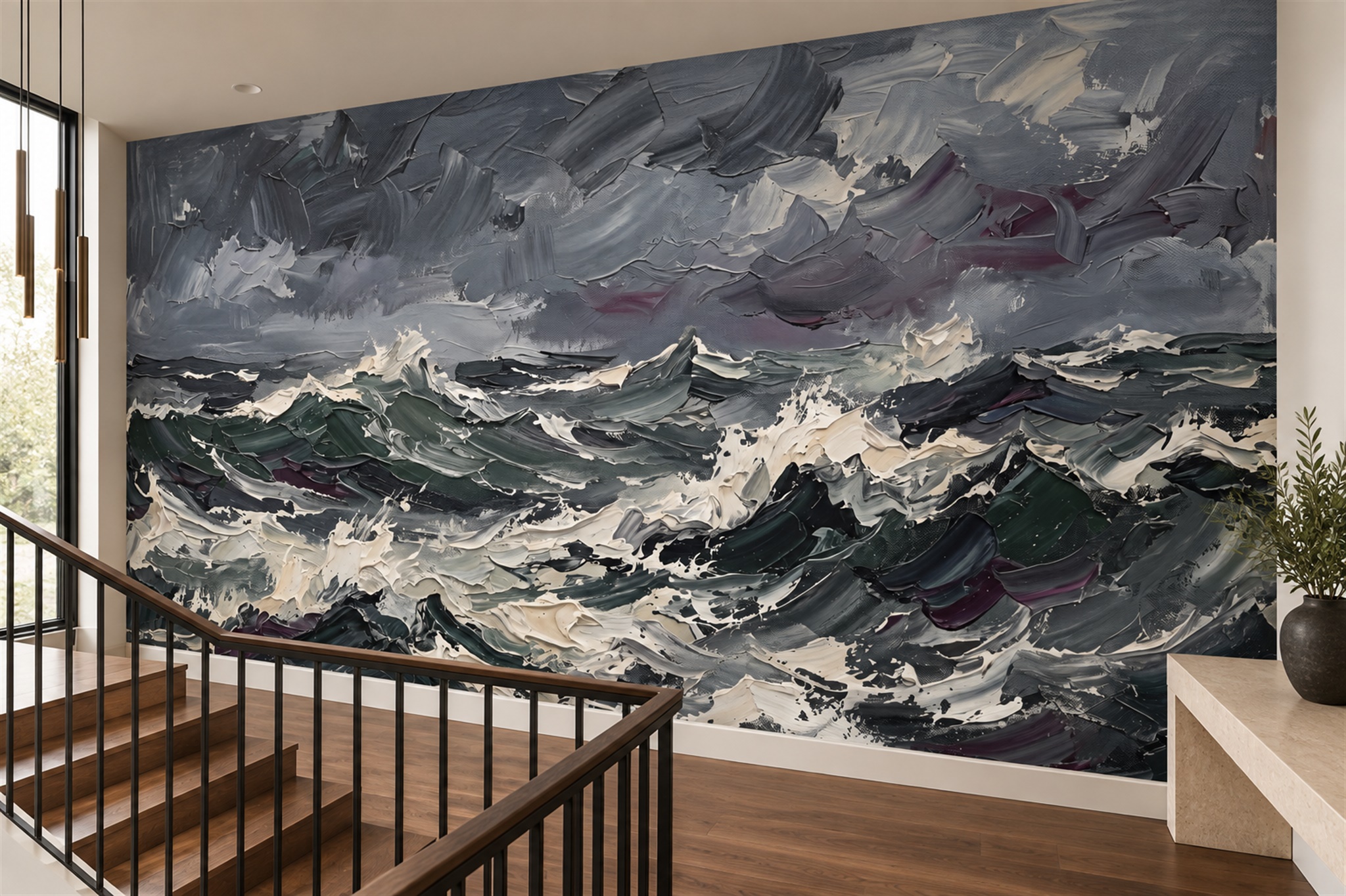 Grey Waves Artful Wallpaper Mural Accent-wall-wallpaper-murals, Peel-and-stick Finish