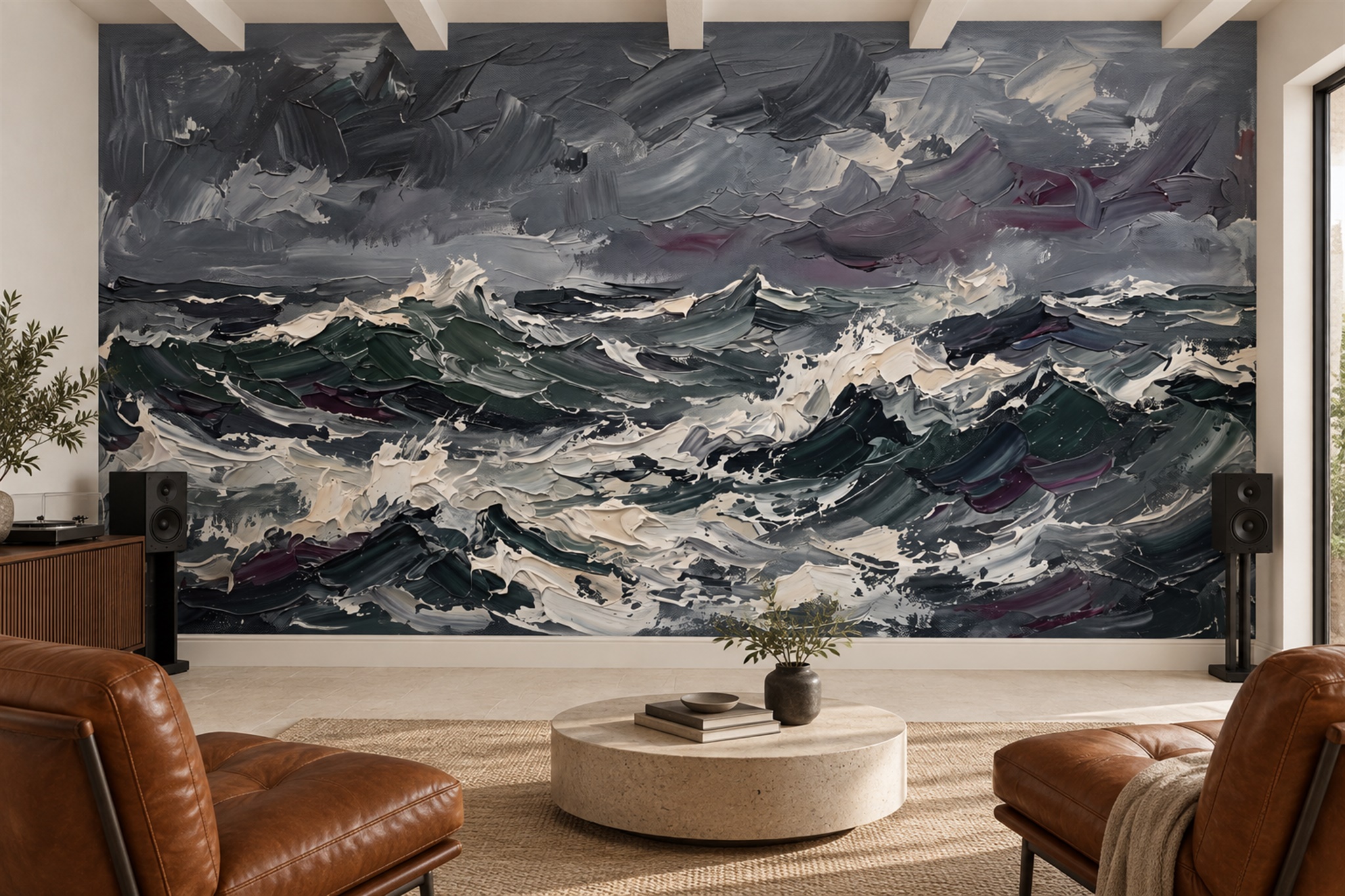 Stormy Grey Ocean Waves Textured Oil Painting Wallpaper Mural — Wallpaper Mural Design, Peel-and-stick Finish