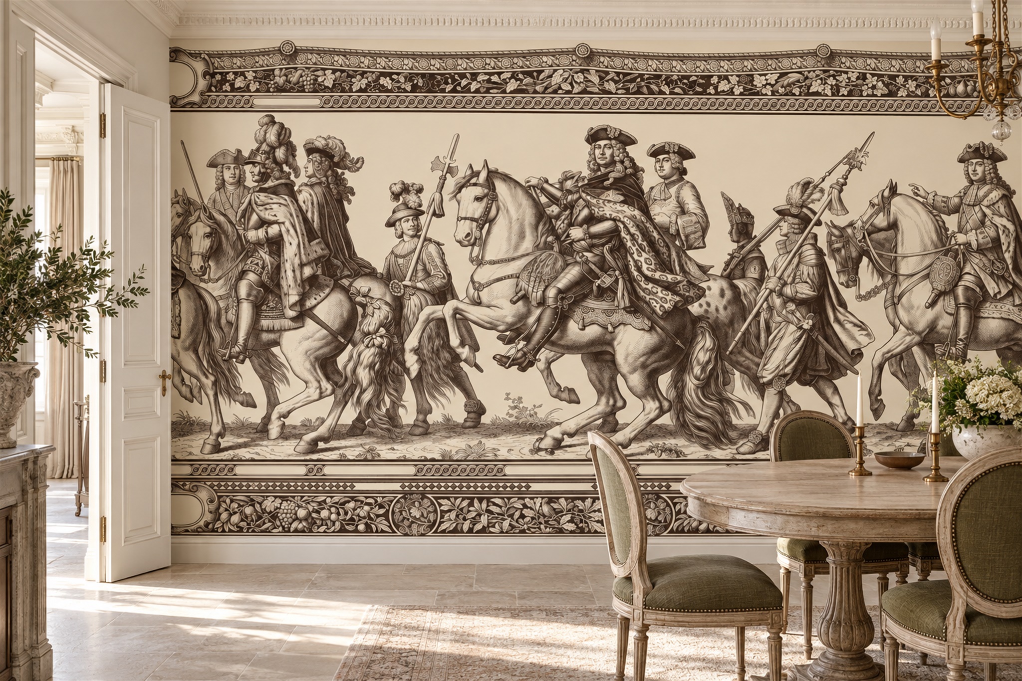 Beige Pattern Decorative Wallpaper Mural Layered Marks Wallpaper Mural Dining-room-wallpaper-murals, Shown In A Dining Room, Peel-and-stick Finish