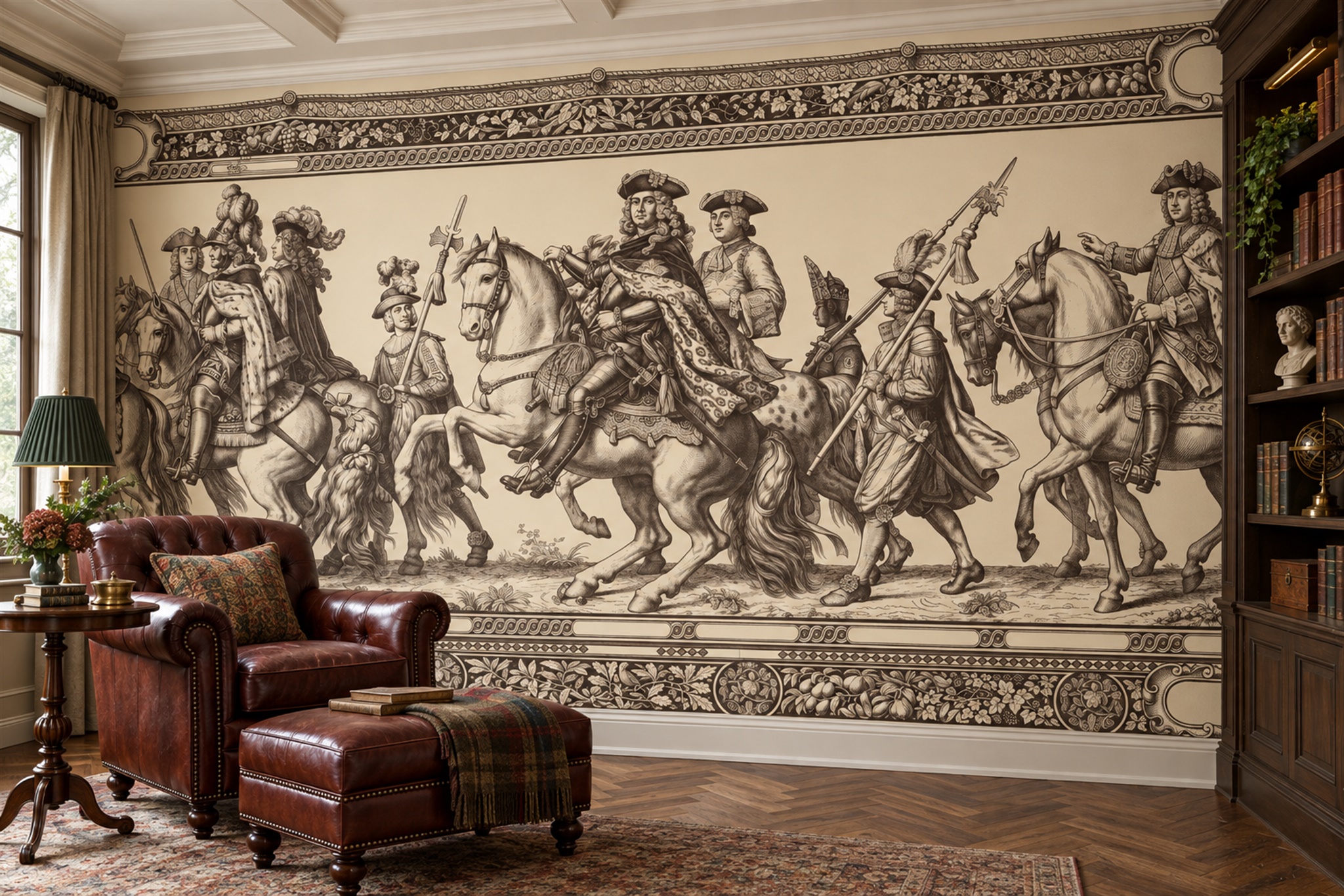 Historical Horsemen Parade With Ornate Borders Wallpaper Mural — Wallpaper Mural Design, Peel-and-stick Finish
