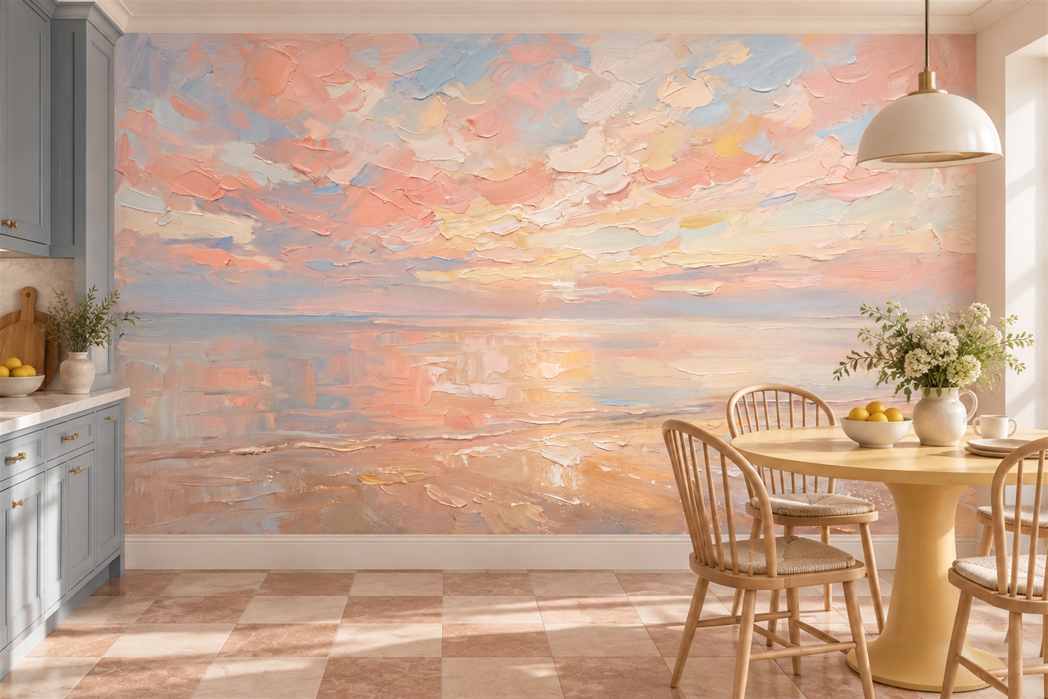 Peach Pattern Decorative Wallpaper Mural Layered Marks Wallpaper Mural Dining-room-wallpaper-murals, Shown In A Dining Room, Peel-and-stick Finish