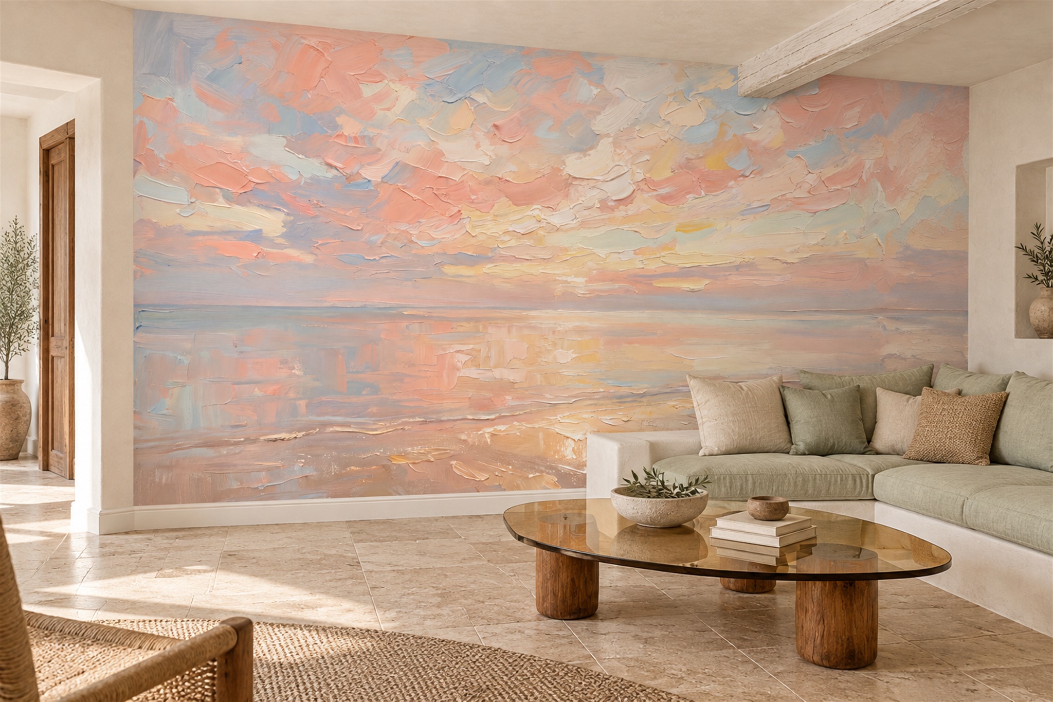 Peach And Blue Textured Impasto Brushstroke Wallpaper Mural — Wallpaper Mural Design, Peel-and-stick Finish
