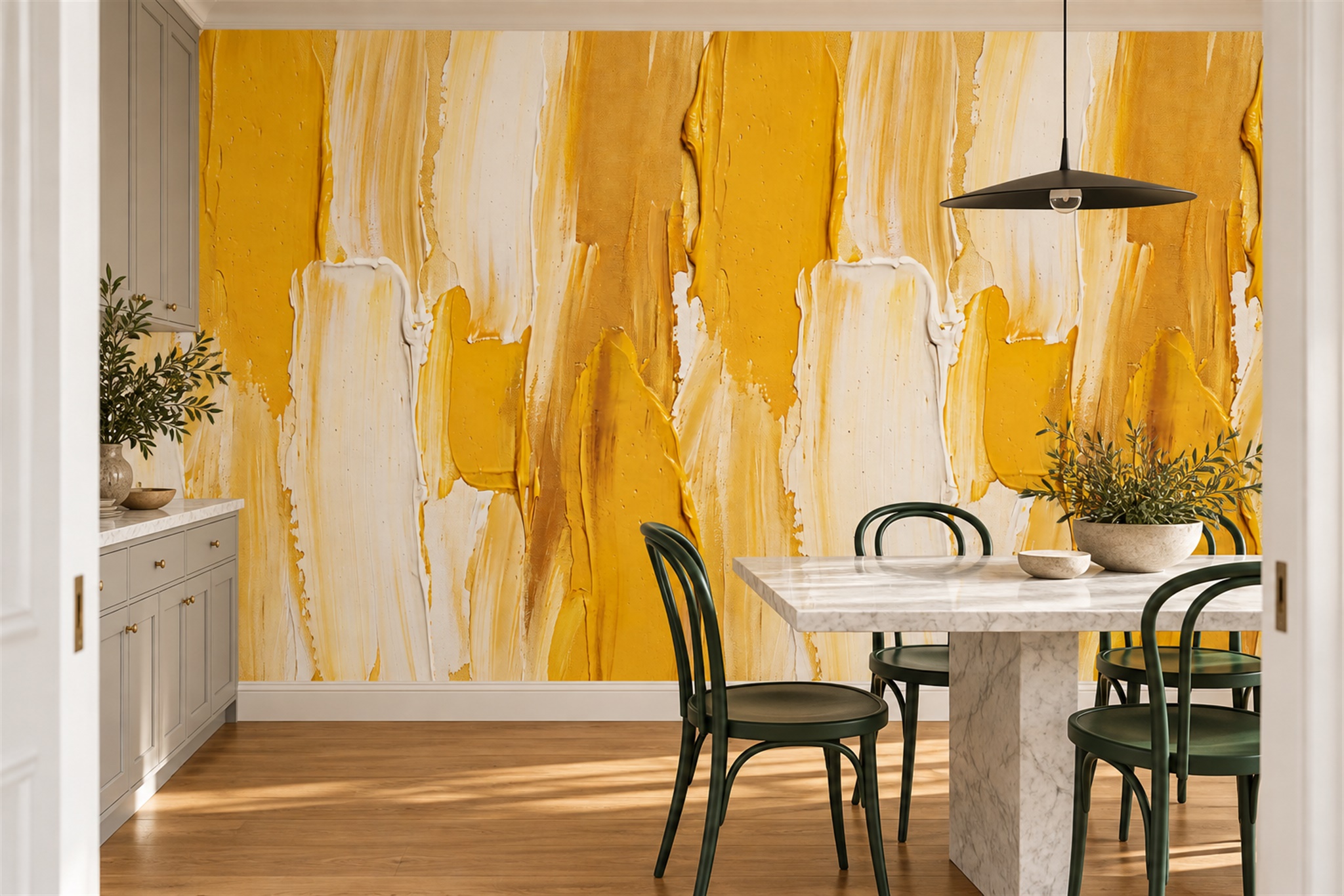 Yellow Pattern Decorative Abstract Wallpaper Mural Dining-room-wallpaper-murals, Shown In A Dining Room, Peel-and-stick Finish