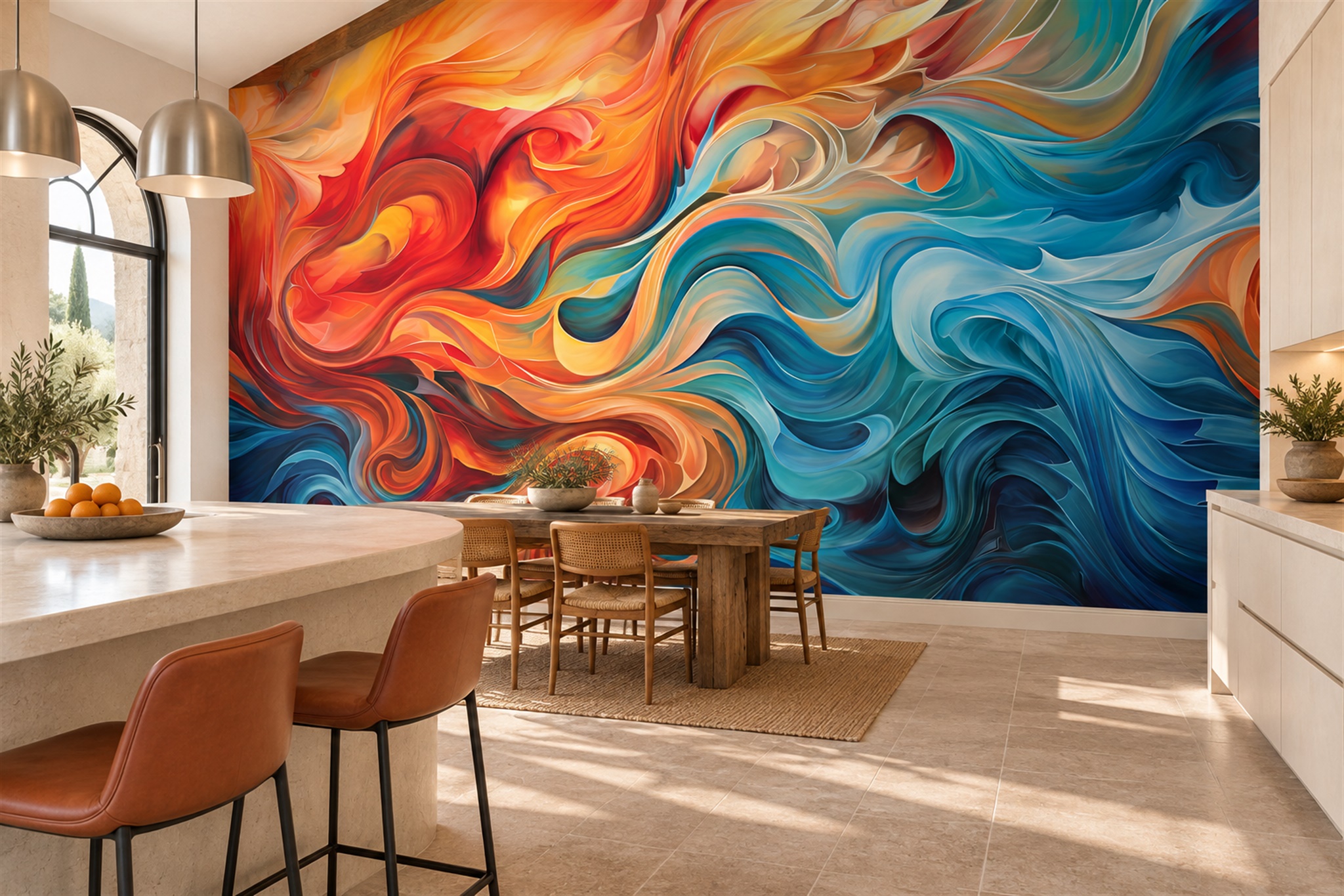 Teal Fluid Artful Wallpaper Mural Dining-room-wallpaper-murals, Shown In A Dining Room, Peel-and-stick Finish