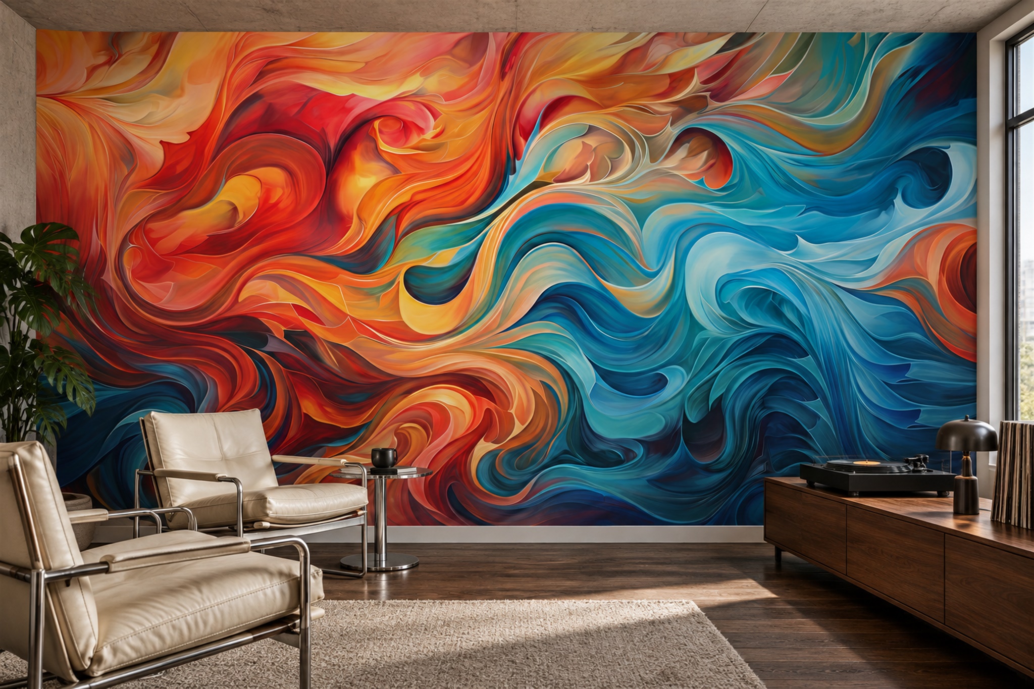 Teal Blue And Coral Flowing Abstract Wallpaper Mural — Wallpaper Mural Design, Peel-and-stick Finish