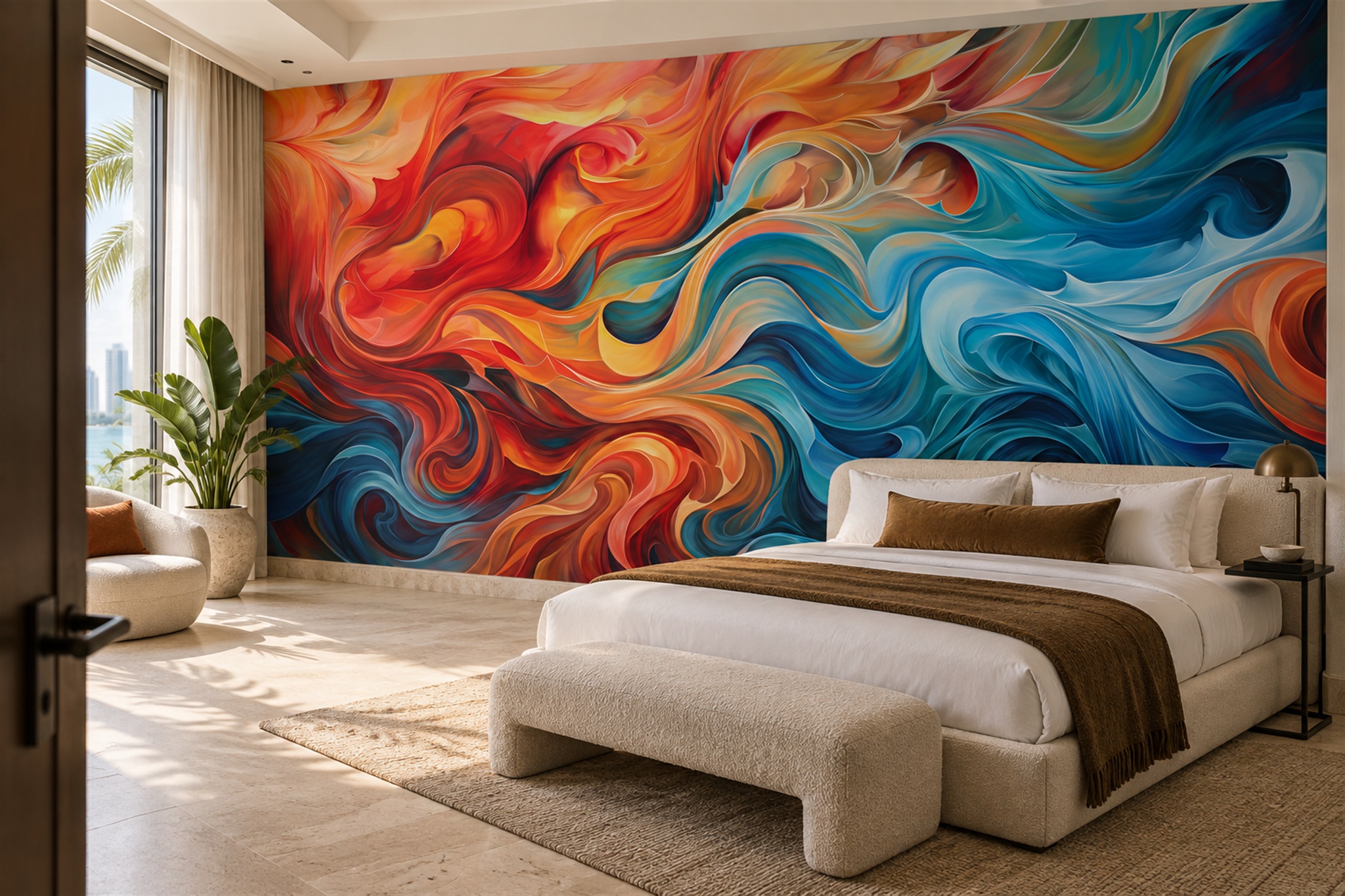 Teal Fluid Artful Wallpaper Mural Accent-wall-wallpaper-murals, Peel-and-stick Finish