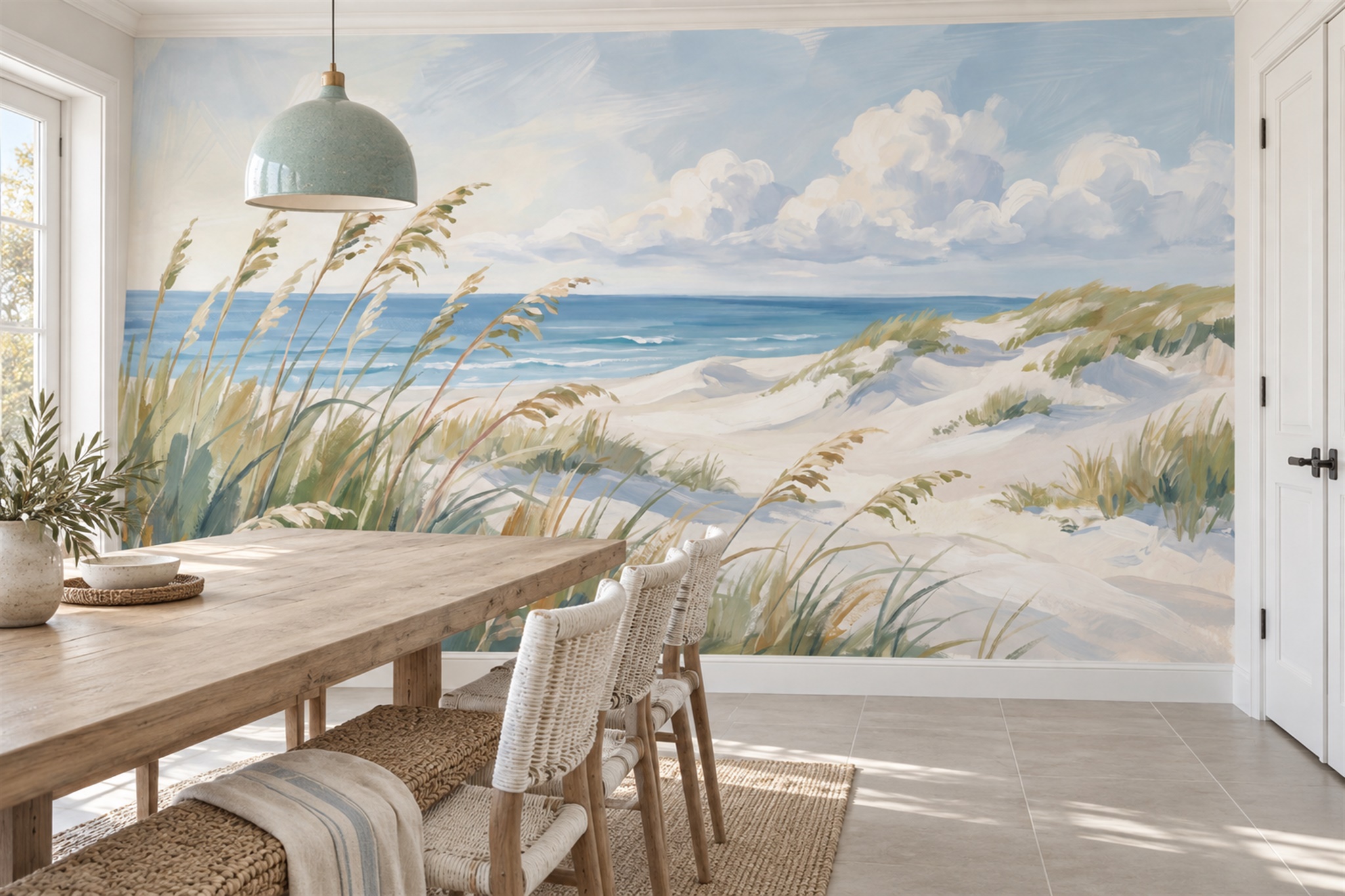 Beige Pattern Decorative Wallpaper Mural Layered Detail Wallpaper Mural Dining-room-wallpaper-murals, Shown In A Dining Room, Peel-and-stick Finish
