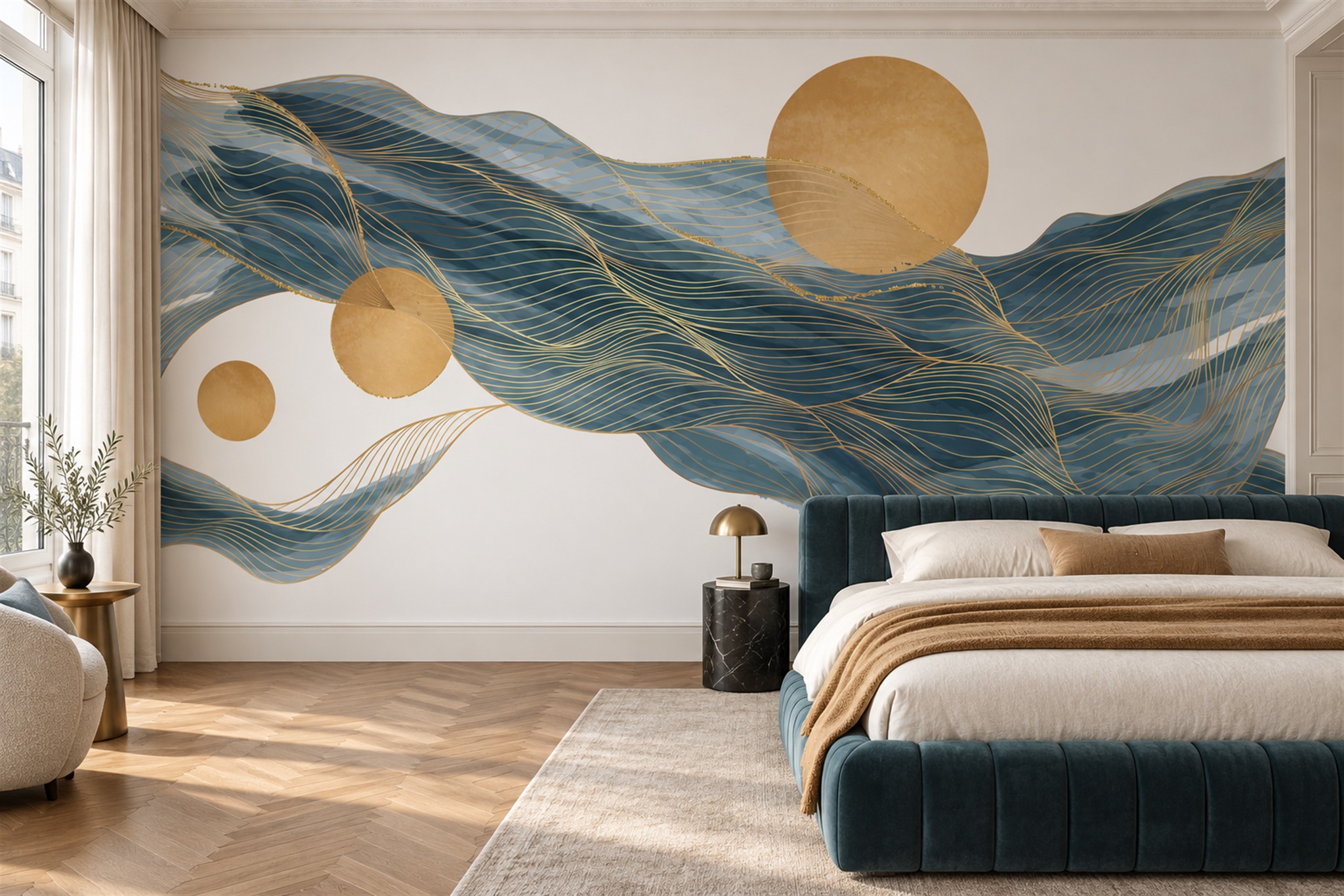 Gold Waves Artful Wallpaper Mural Bedroom-wallpaper-murals, Peel-and-stick Finish