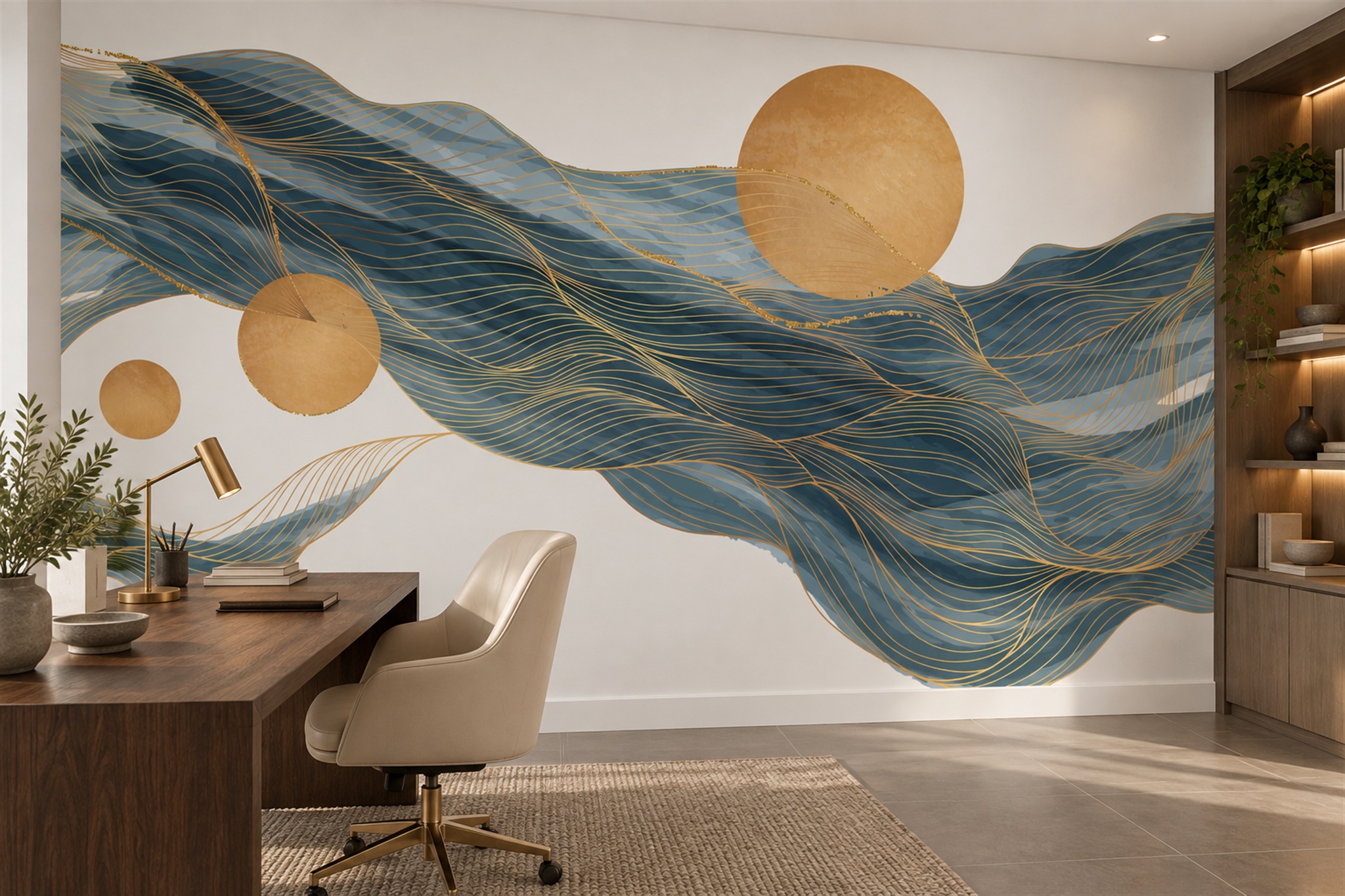 Blue Green Wave Lines With Gold Circles Wallpaper Mural — Wallpaper Mural Design, Peel-and-stick Finish