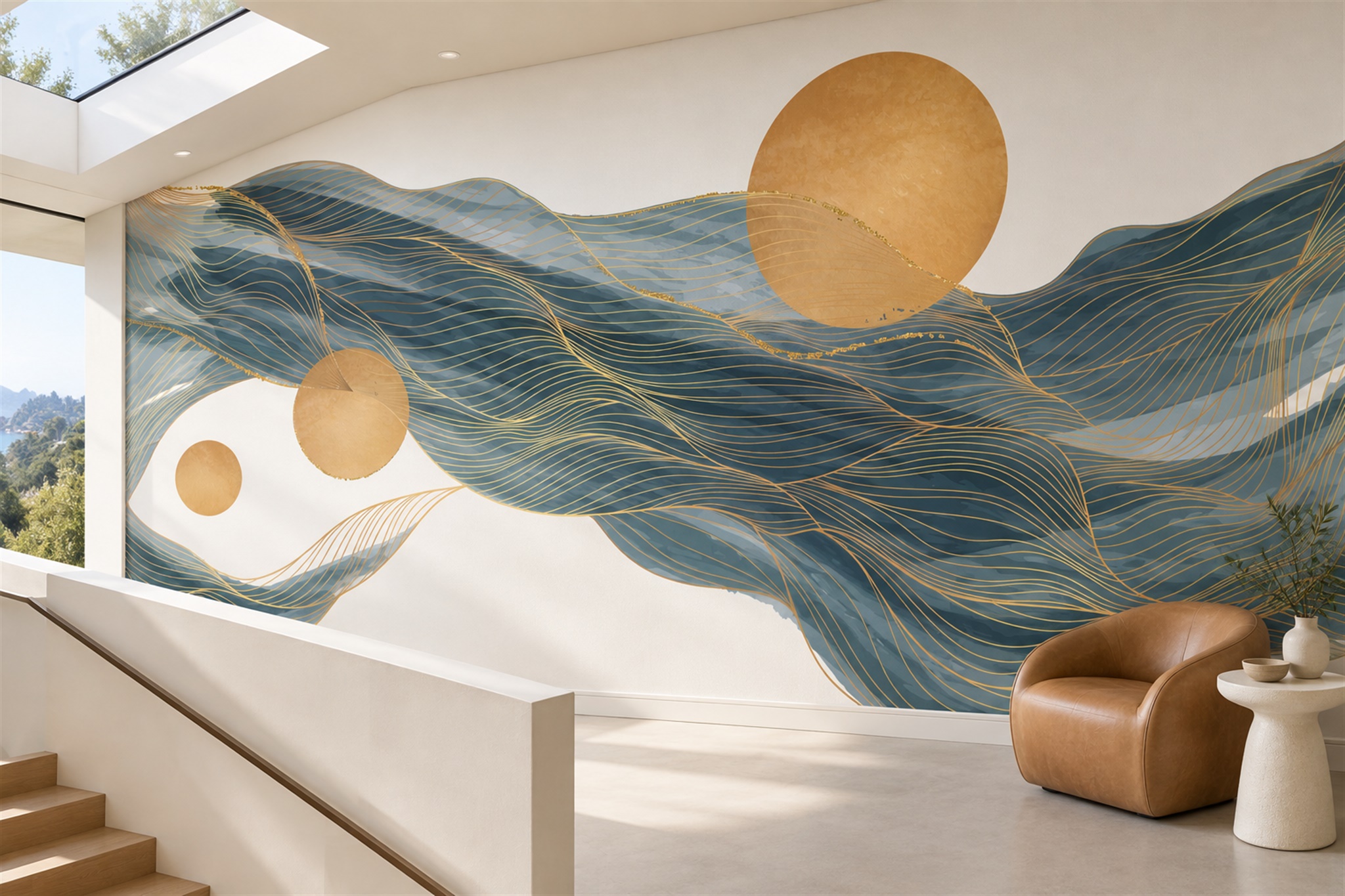 Gold Waves Artful Wallpaper Mural Home-office-wallpaper-murals, Peel-and-stick Finish