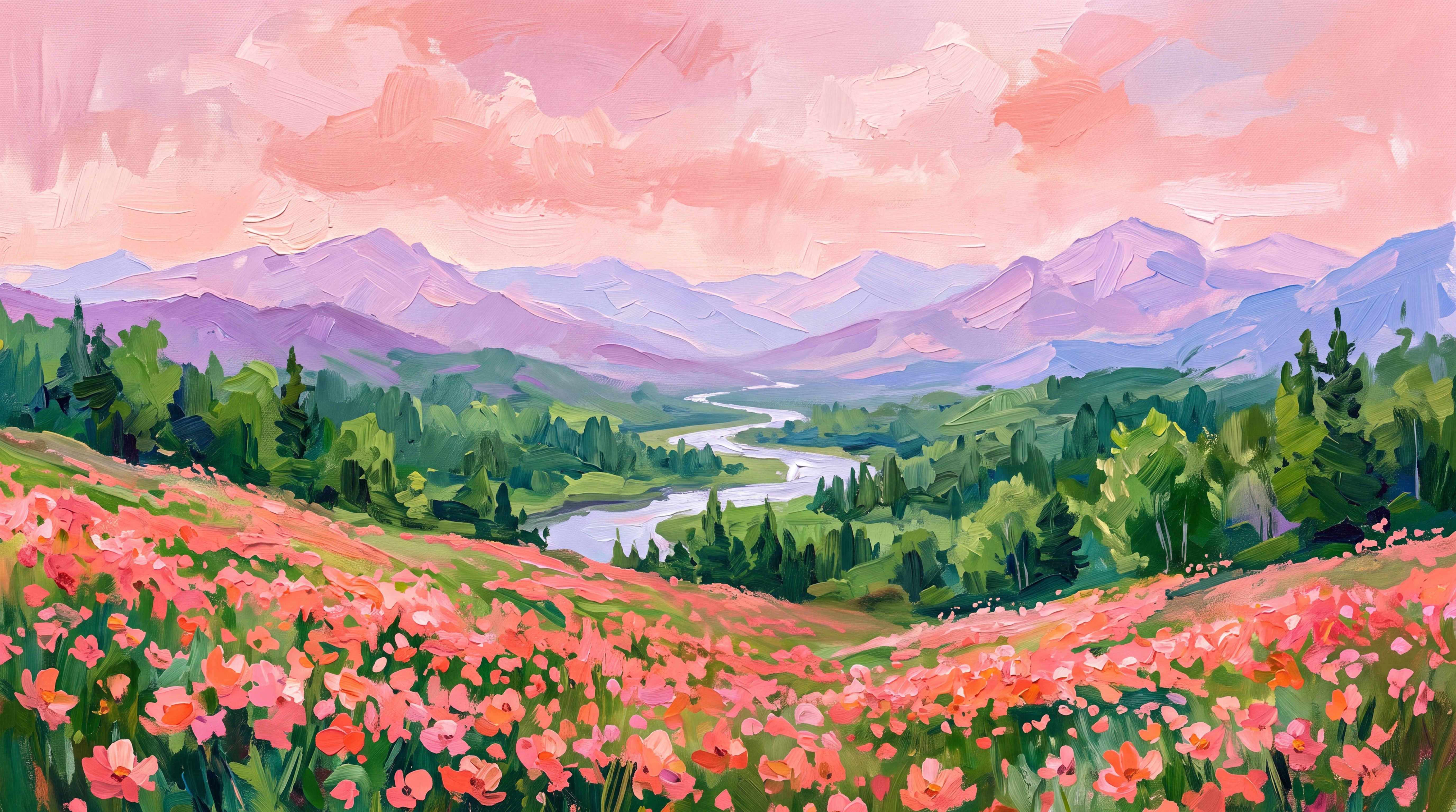 Pink Meadow Scenic Painterly Wallpaper Mural, Peel-and-stick Finish