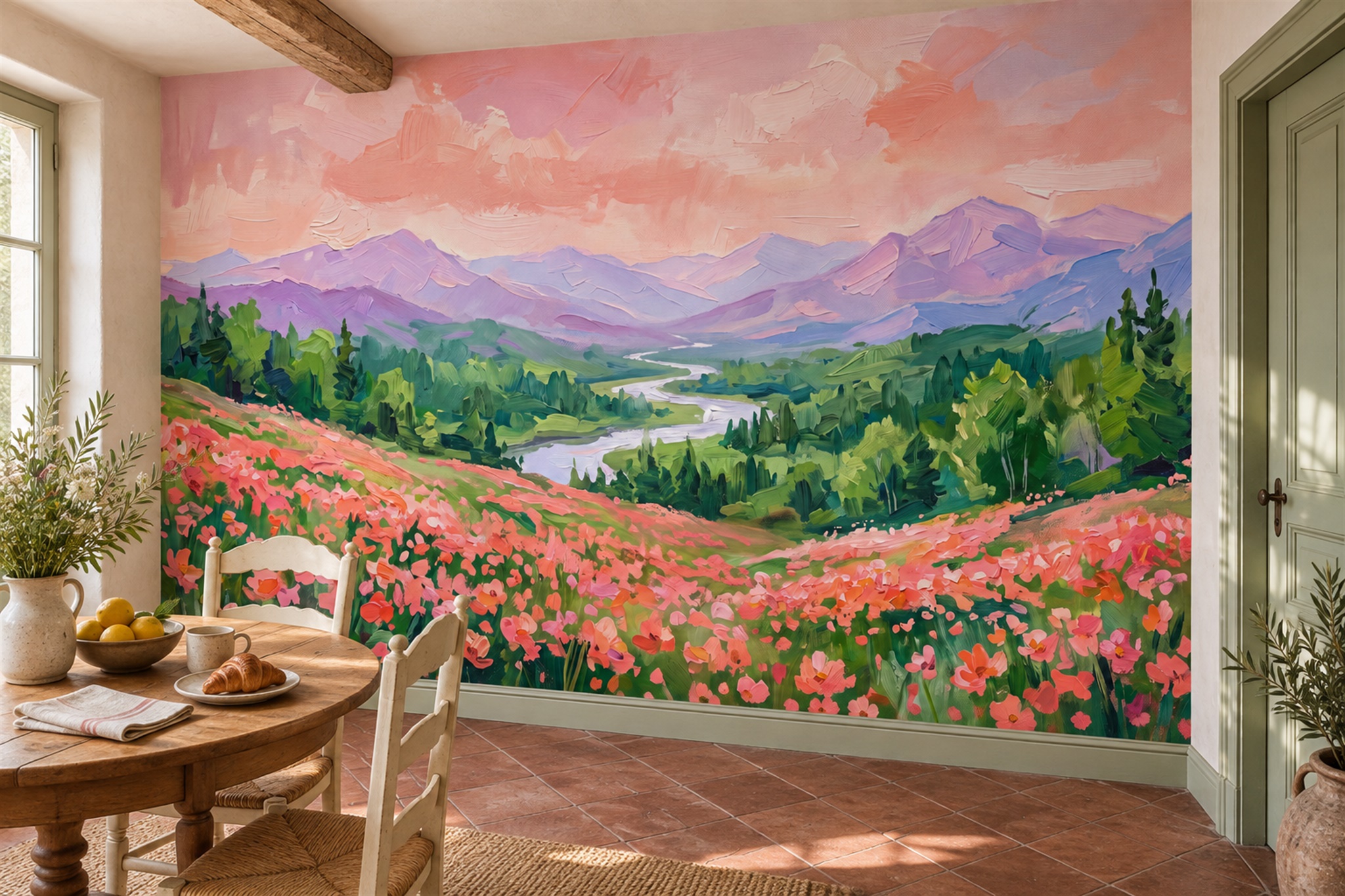 Pink Meadow Scenic Painterly Wallpaper Mural Dining-room-wallpaper-murals, Shown In A Dining Room, Peel-and-stick Finish
