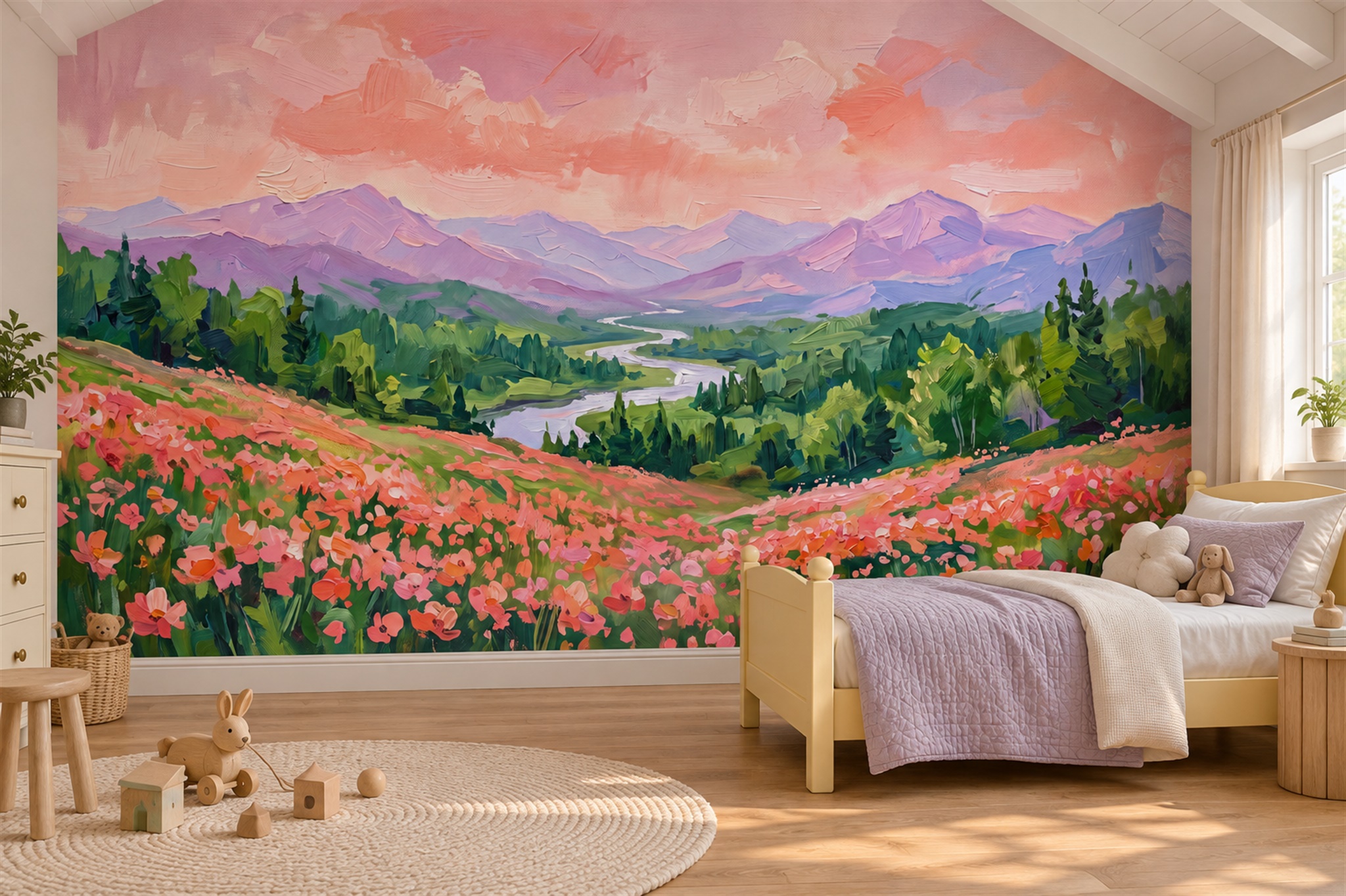 Pink Meadow Scenic Painterly Wallpaper Mural Accent-wall-wallpaper-murals, Peel-and-stick Finish