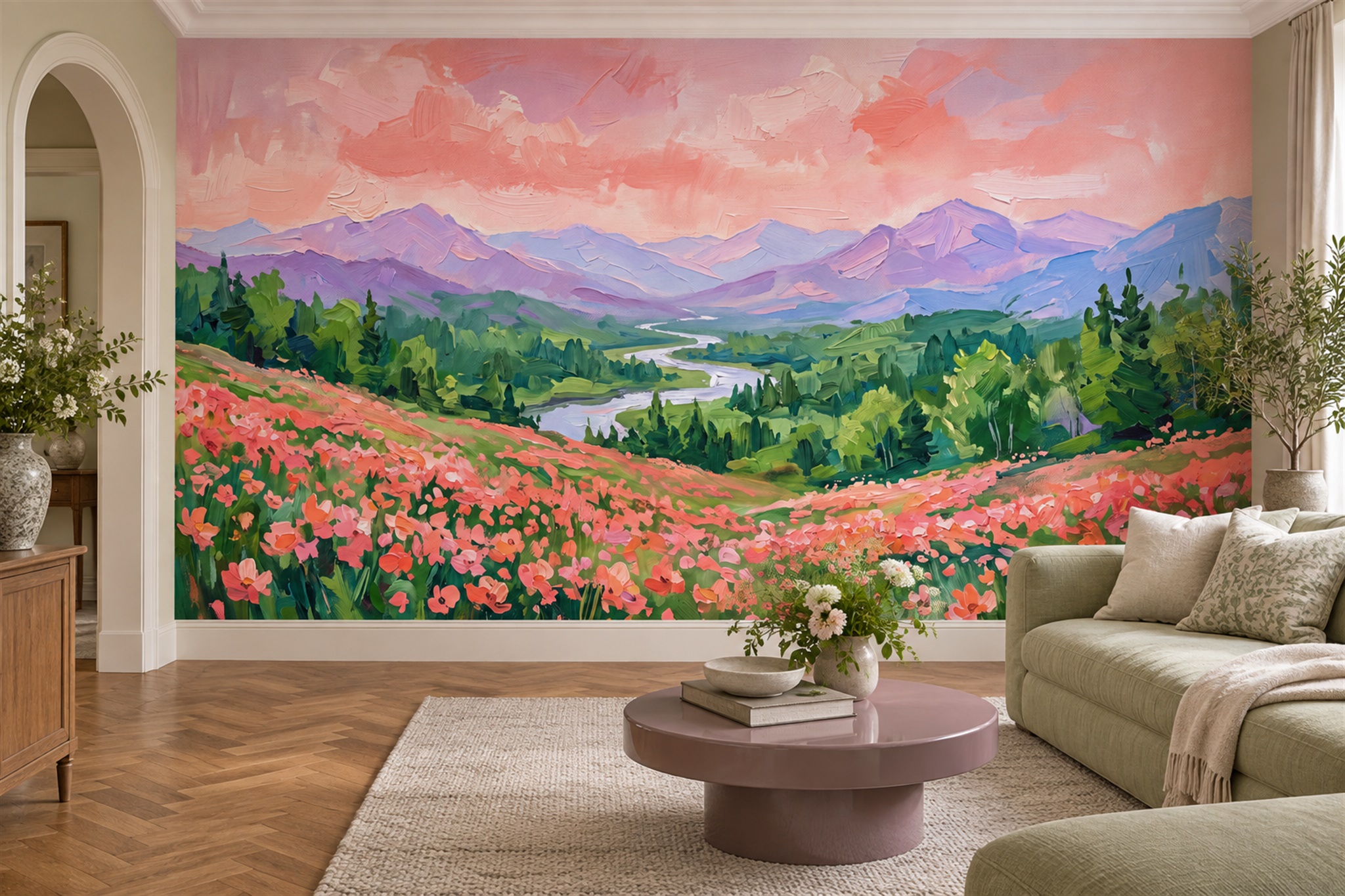 Pink Wildflower Valley With River And Mountains Wallpaper Mural — Wallpaper Mural Design, Peel-and-stick Finish