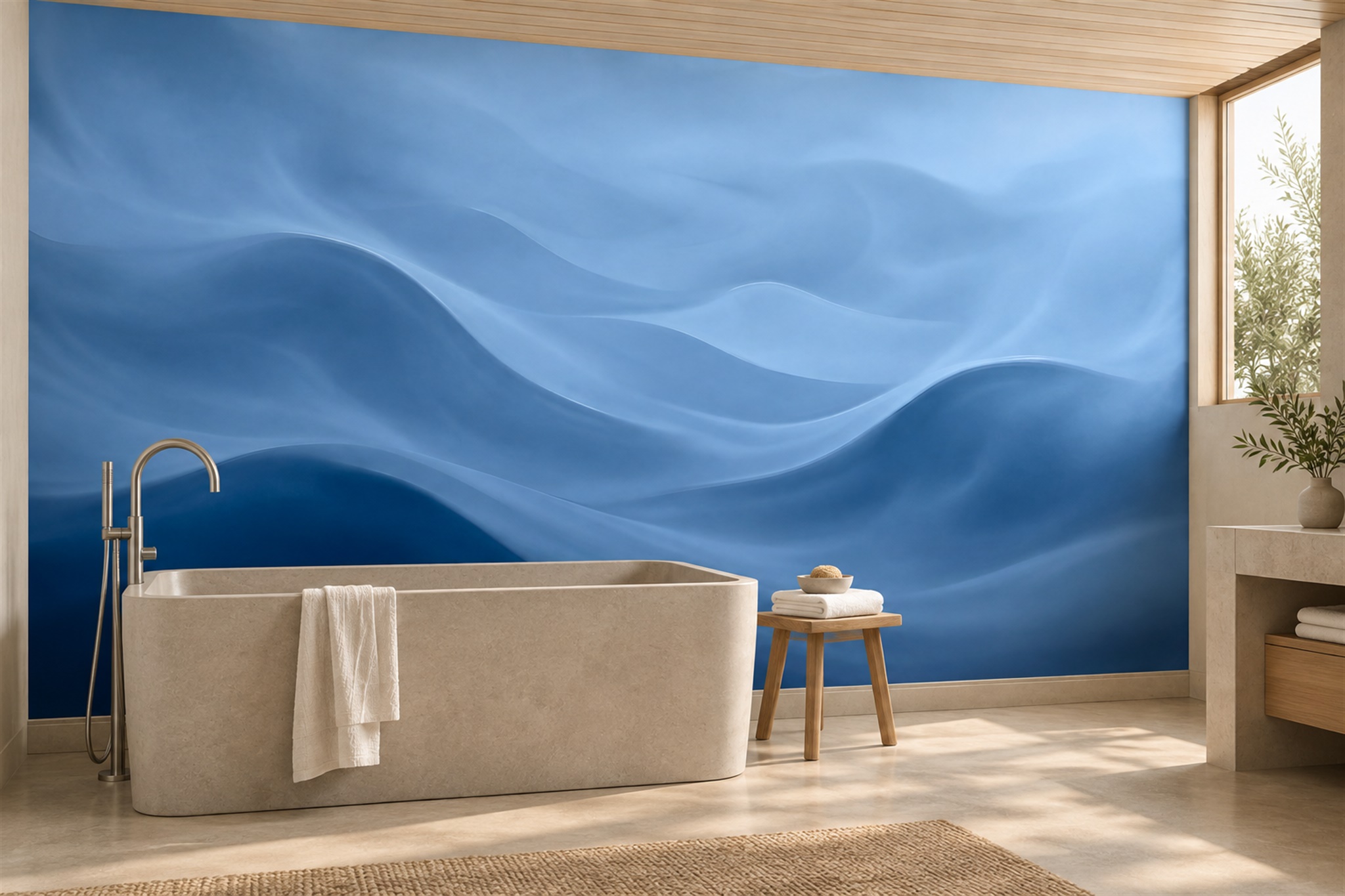 Blue Waves Artful Layered Wallpaper Mural Bathroom-wallpaper-murals, Peel-and-stick Finish
