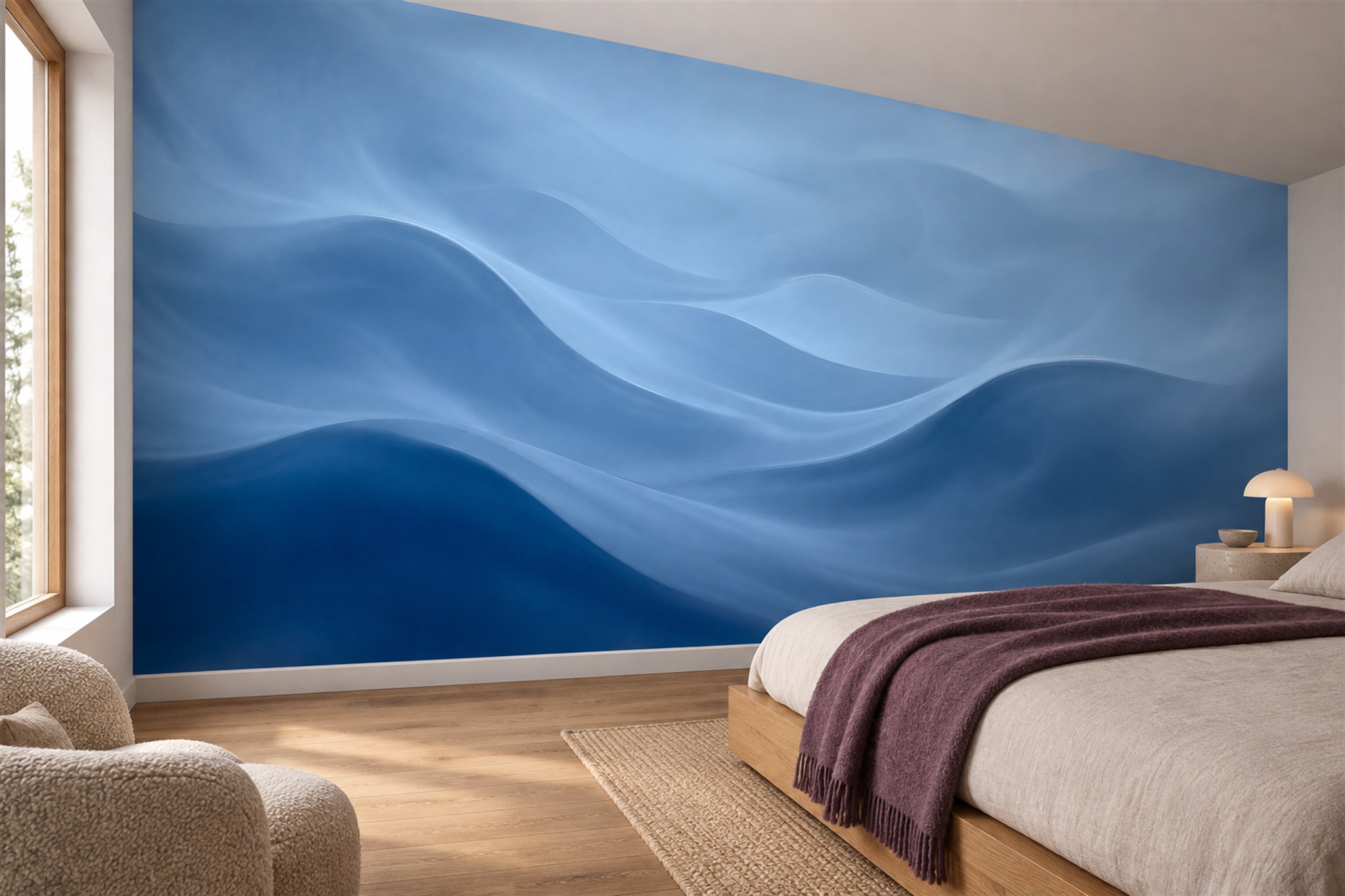 Blue Waves Artful Layered Wallpaper Mural Bedroom-wallpaper-murals, Peel-and-stick Finish