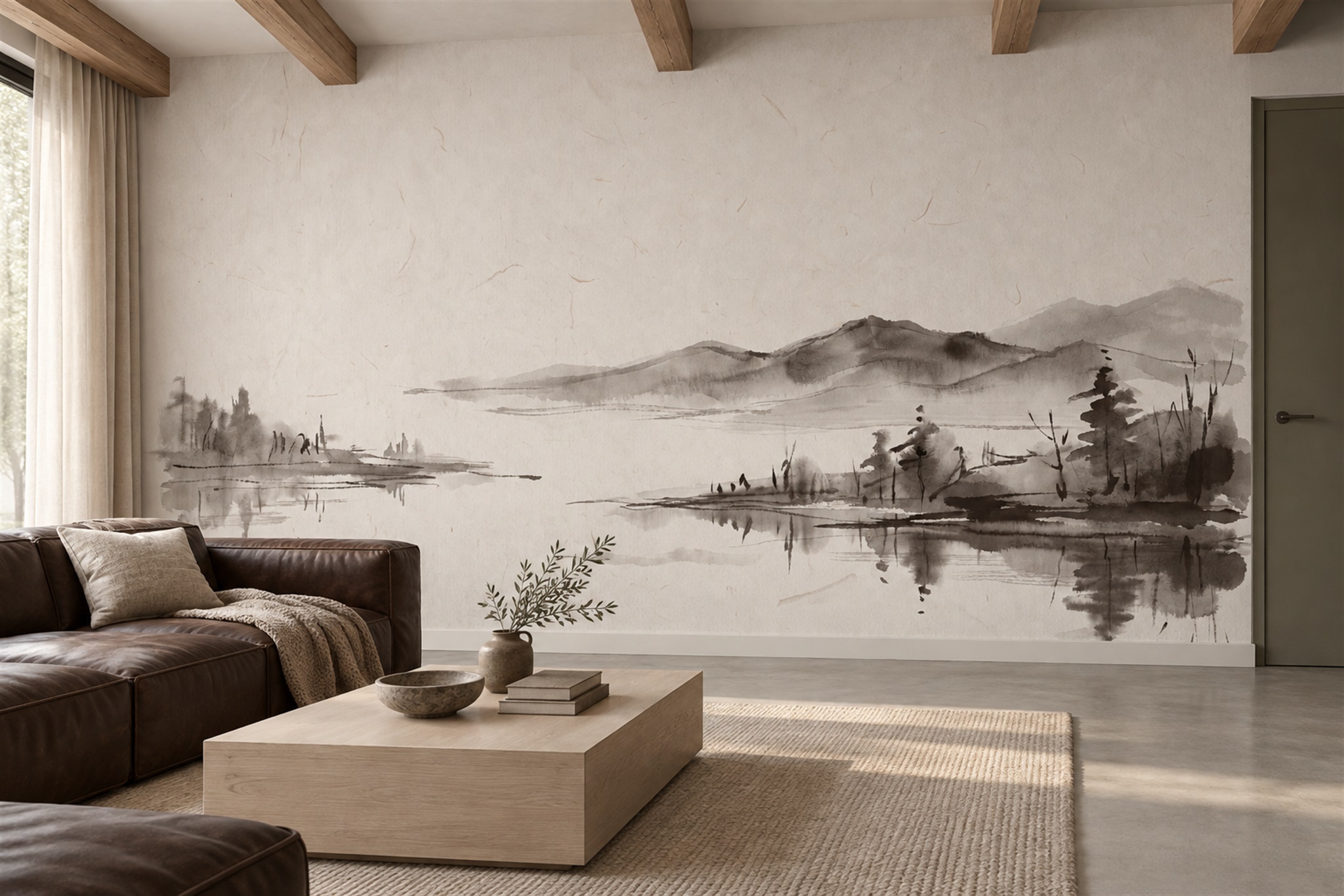 Beige Lake Scenic Decorative Wallpaper Mural Living-room-wallpaper-murals, Shown In A Living Room, Peel-and-stick Finish