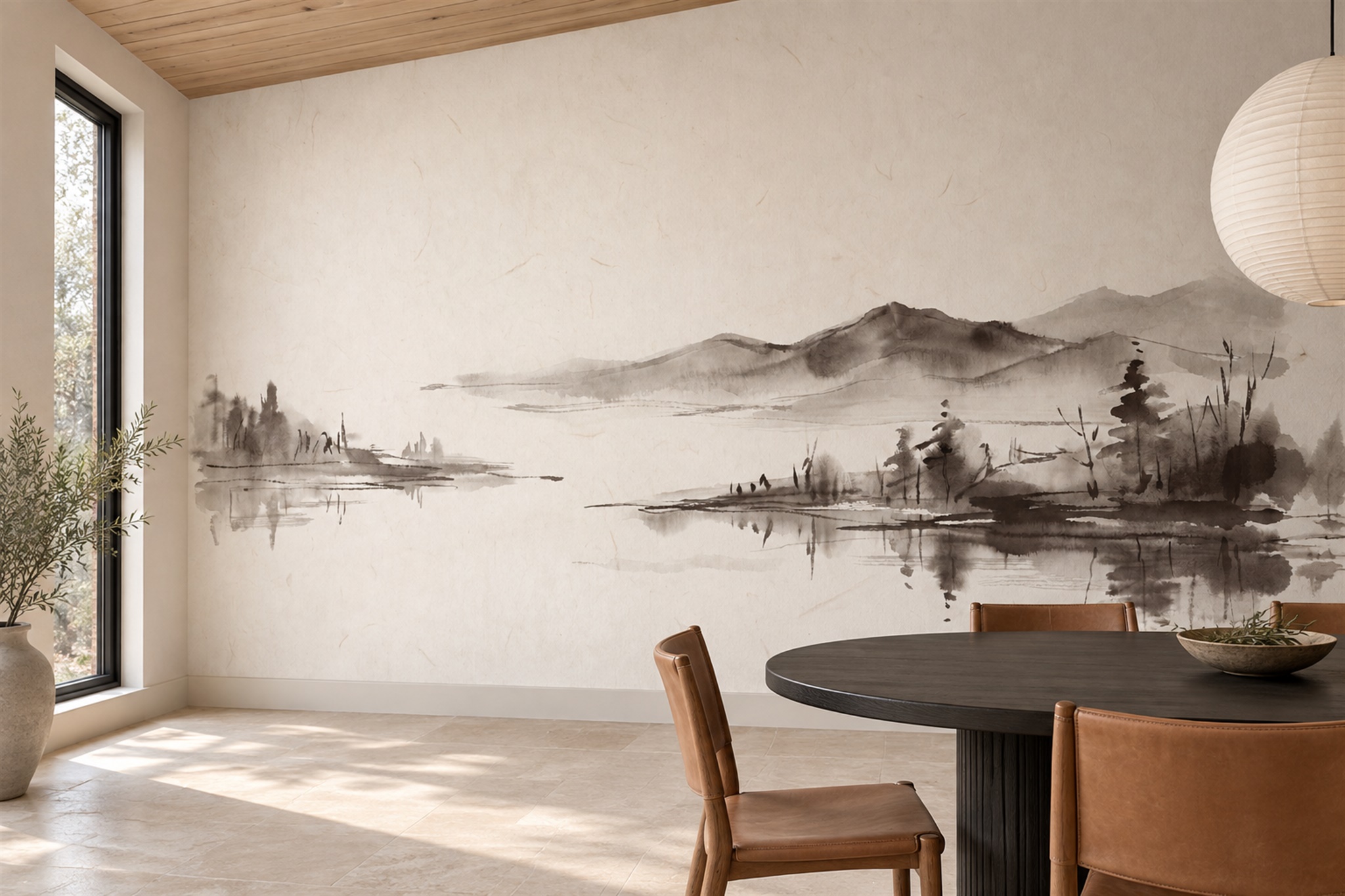 Beige Lake Scenic Decorative Wallpaper Mural Dining-room-wallpaper-murals, Shown In A Dining Room, Peel-and-stick Finish