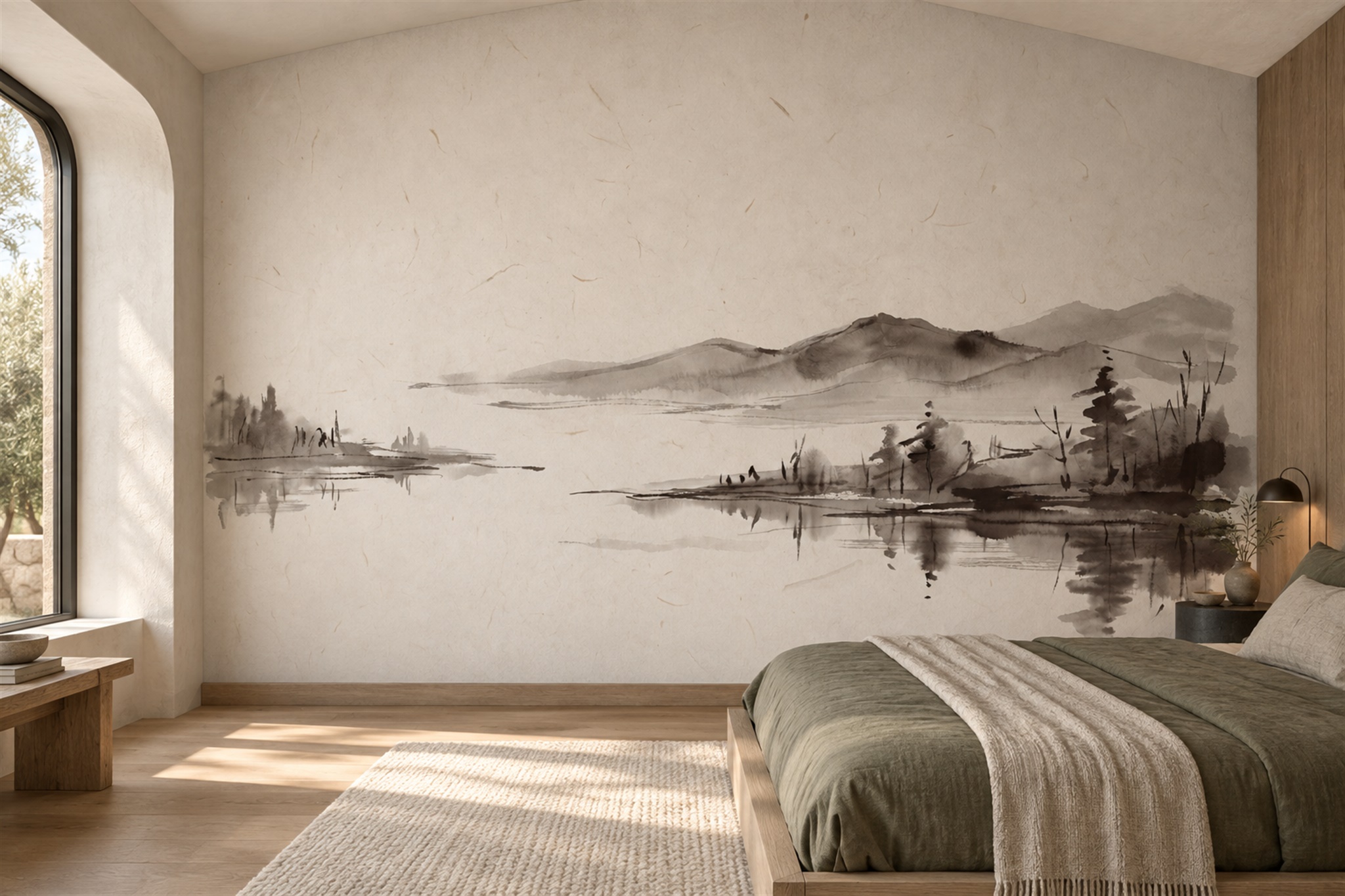 Monochrome Ink Wash Lake And Mountain Landscape Wallpaper Mural — Installed Wallpaper Mural In A Bedroom, Peel-and-stick Finish
