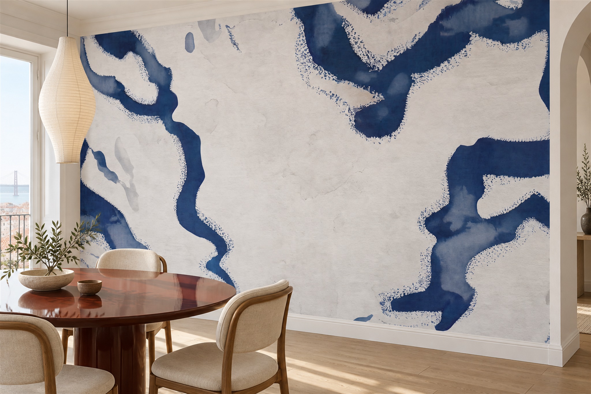 Blue Fluid Artful Decorative Wallpaper Mural Dining-room-wallpaper-murals, Shown In A Dining Room, Peel-and-stick Finish