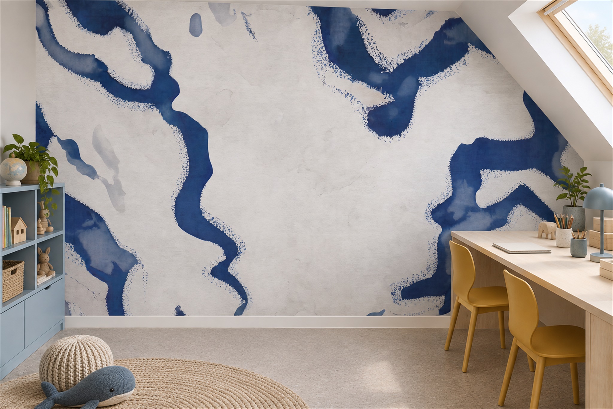 Blue Fluid Artful Decorative Wallpaper Mural Home-office-wallpaper-murals, Peel-and-stick Finish