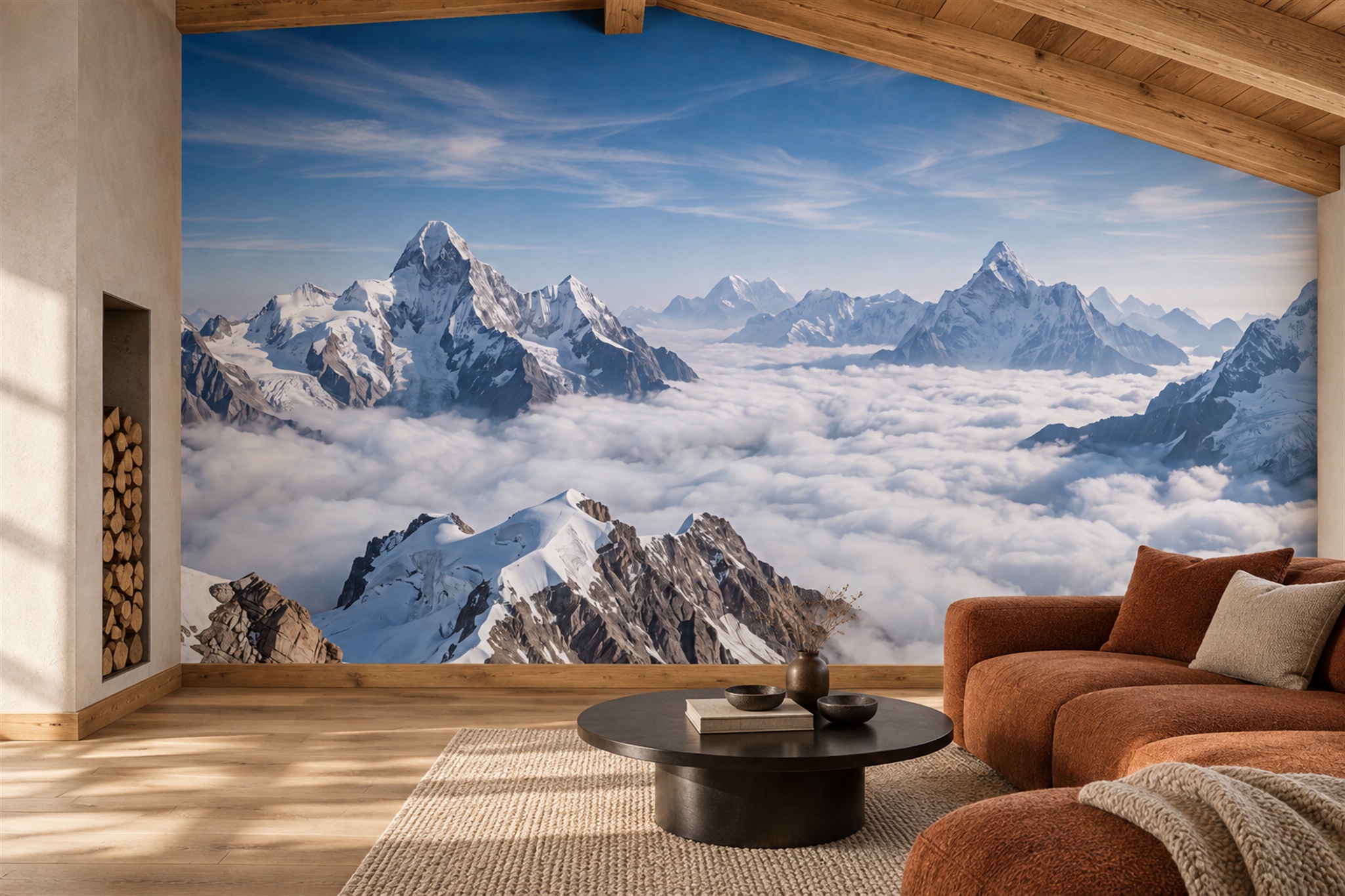 Snowy Mountain Peaks Above The Clouds Wallpaper Mural — Wallpaper Mural Design, Peel-and-stick Finish