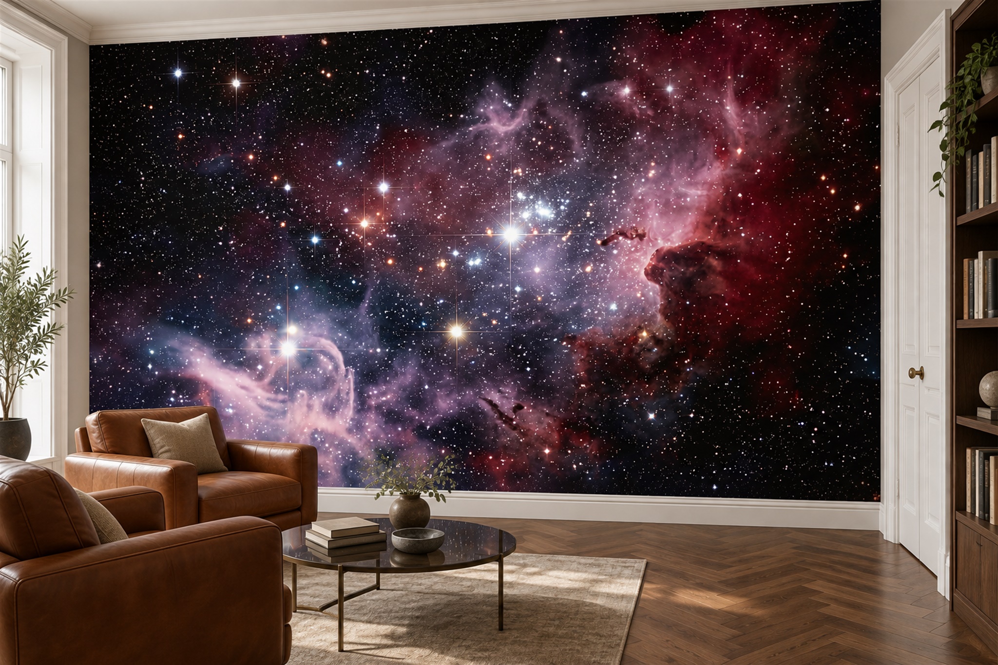 Purple Pattern Decorative Painterly Wallpaper Mural Home-office-wallpaper-murals, Shown In A Home Office, Peel-and-stick Finish