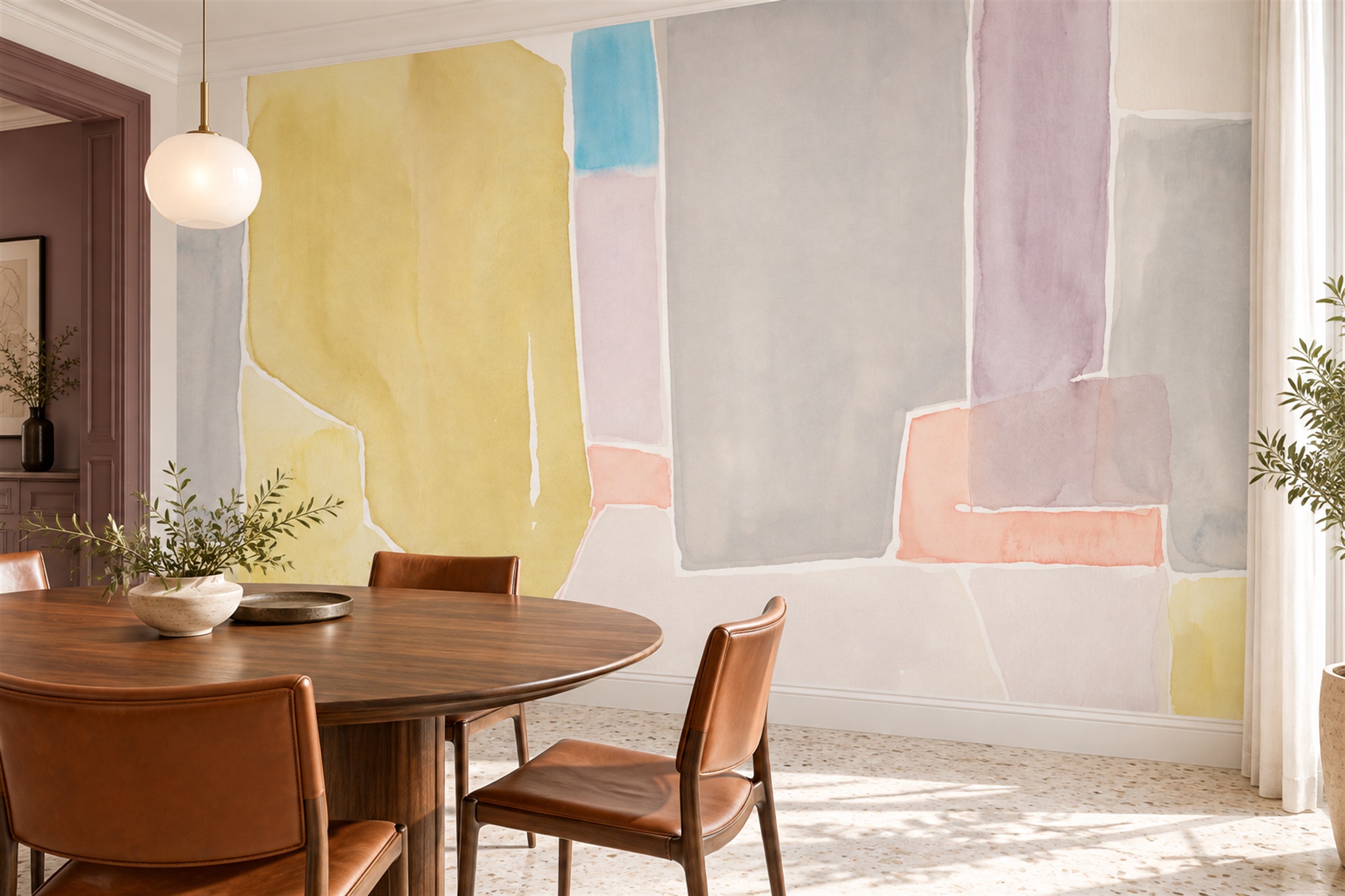 Pastel Blocks Abstract Wallpaper Mural Dining-room-wallpaper-murals, Shown In A Dining Room, Peel-and-stick Finish