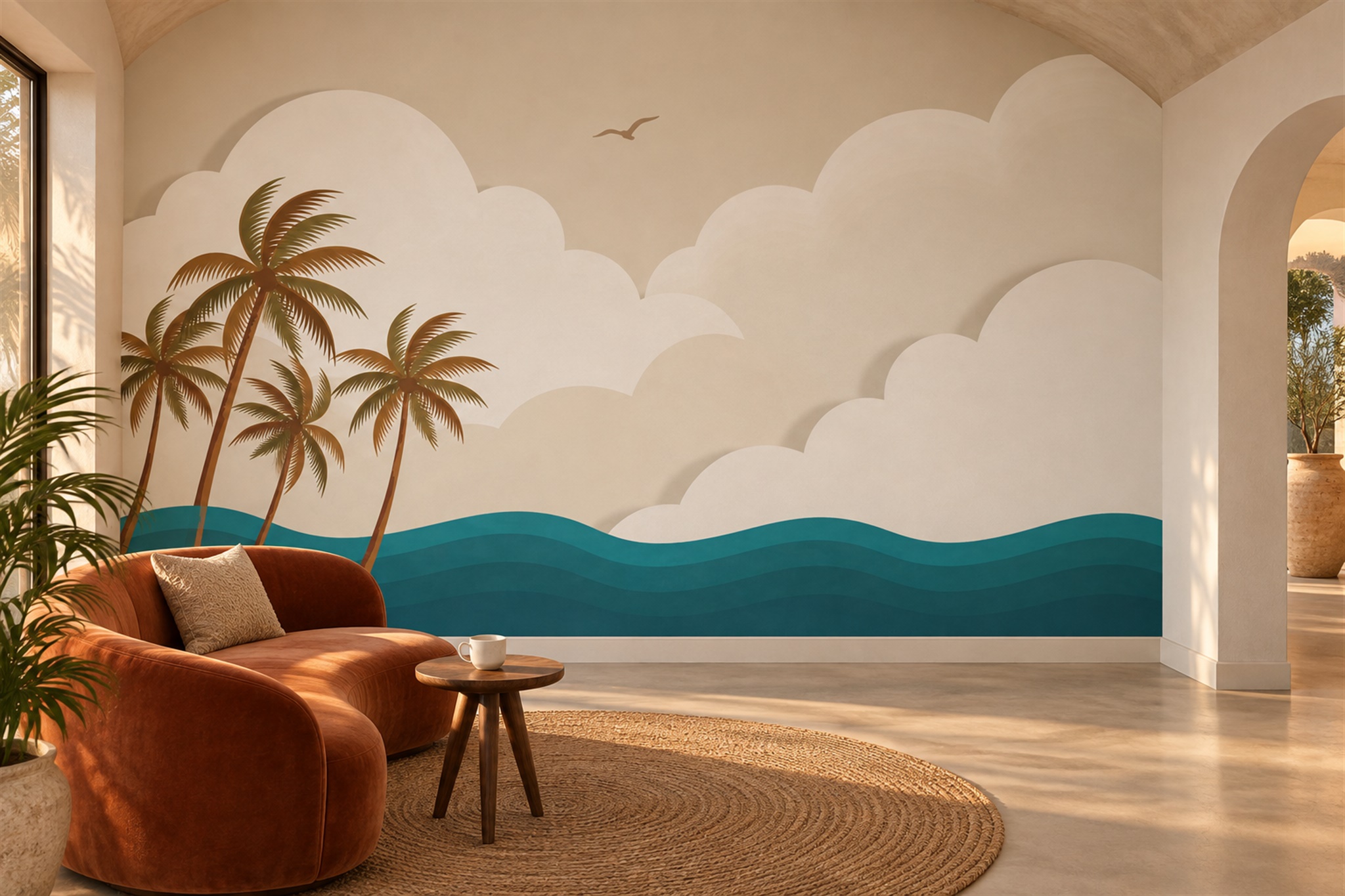 Teal Palm Artful Wallpaper Mural Living-room-wallpaper-murals, Peel-and-stick Finish