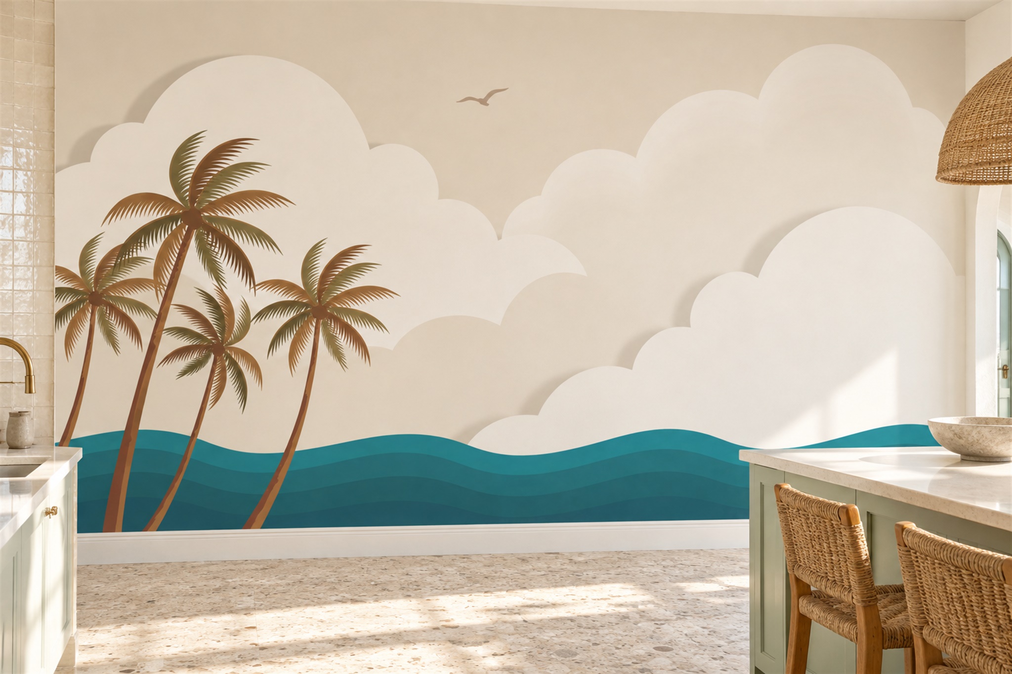 Teal Palm Artful Wallpaper Mural Accent-wall-wallpaper-murals, Peel-and-stick Finish