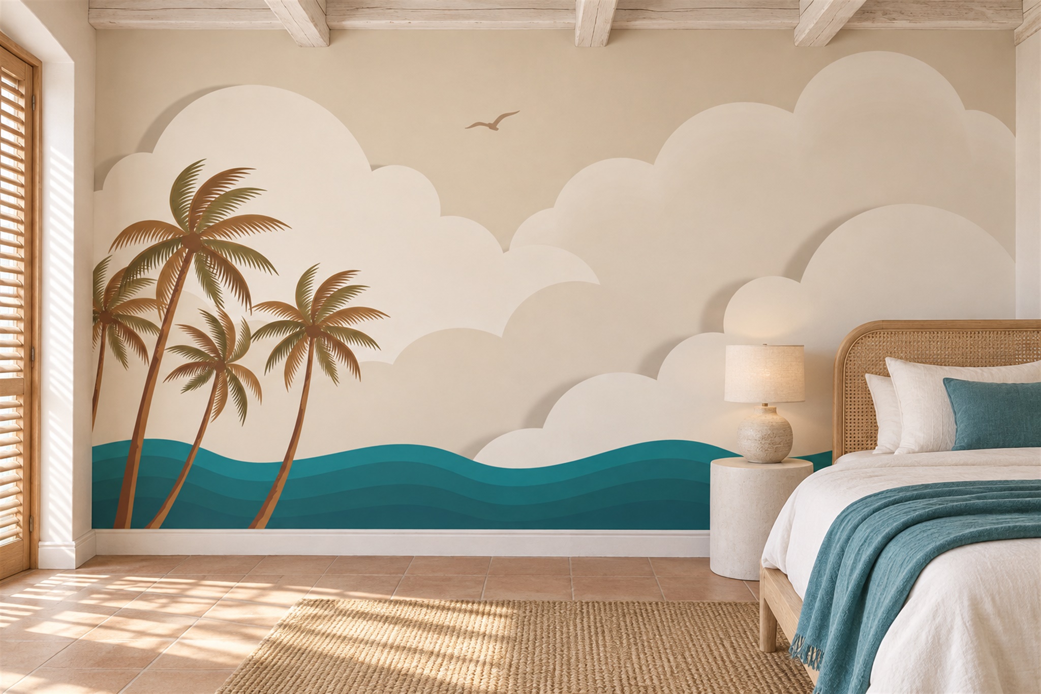 Teal Palm Artful Wallpaper Mural Living-room-wallpaper-murals, Peel-and-stick Finish