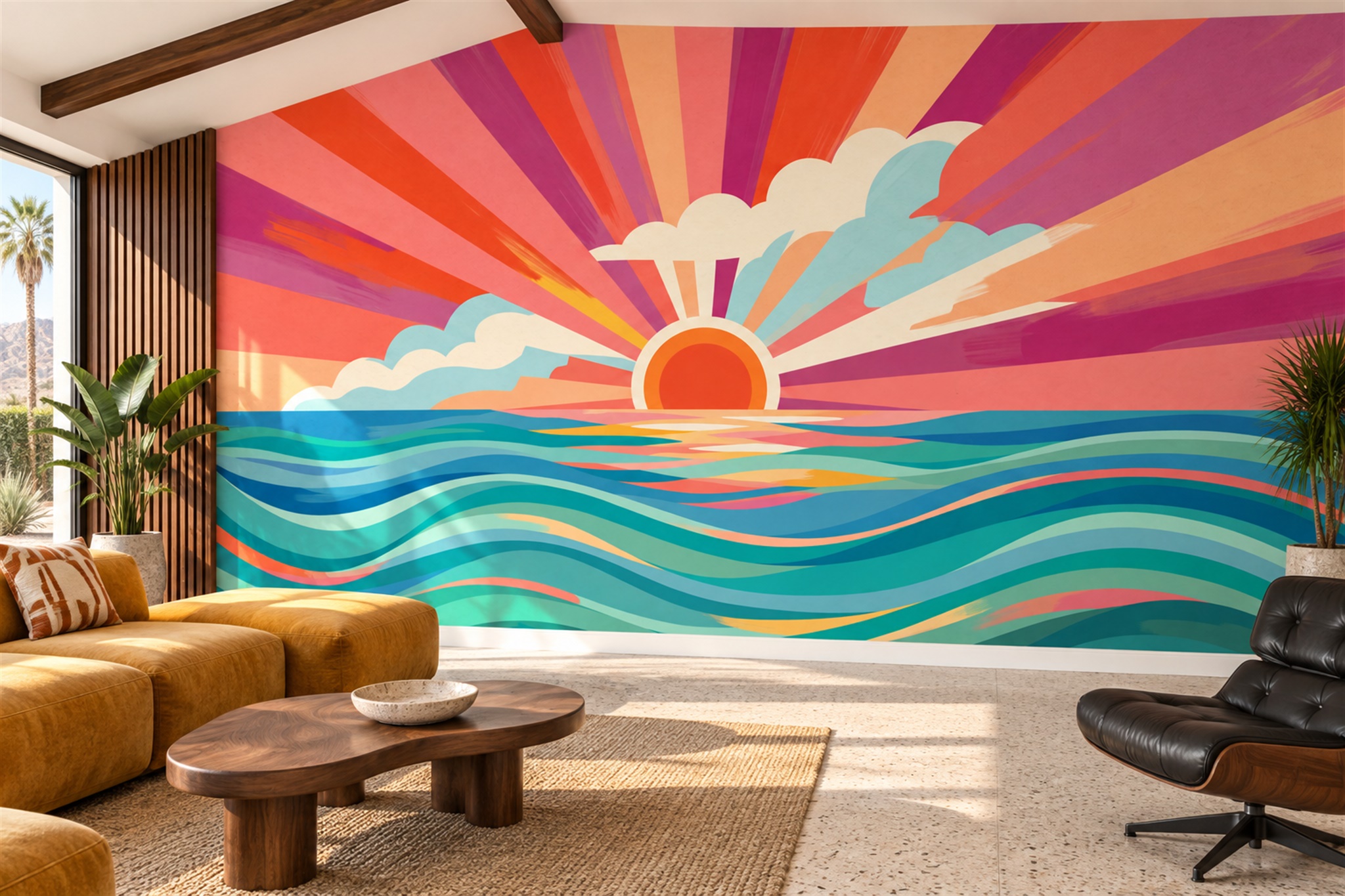 Retro Sunset And Colourful Ocean Waves Wallpaper Mural — Wallpaper Mural Design, Peel-and-stick Finish
