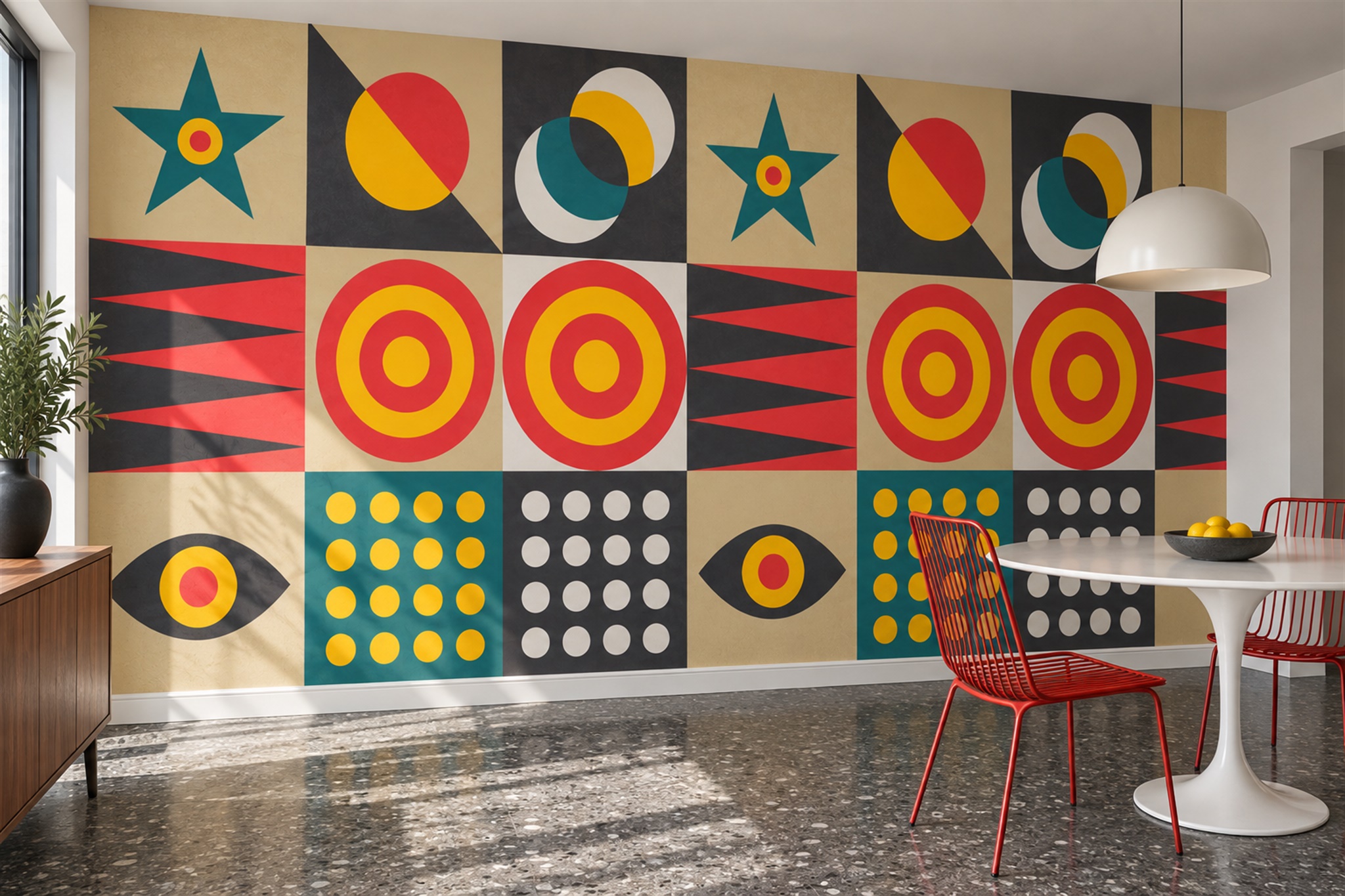 Retro Yellow Red And Teal Geometric Wallpaper Mural — Wallpaper Mural Design, Peel-and-stick Finish
