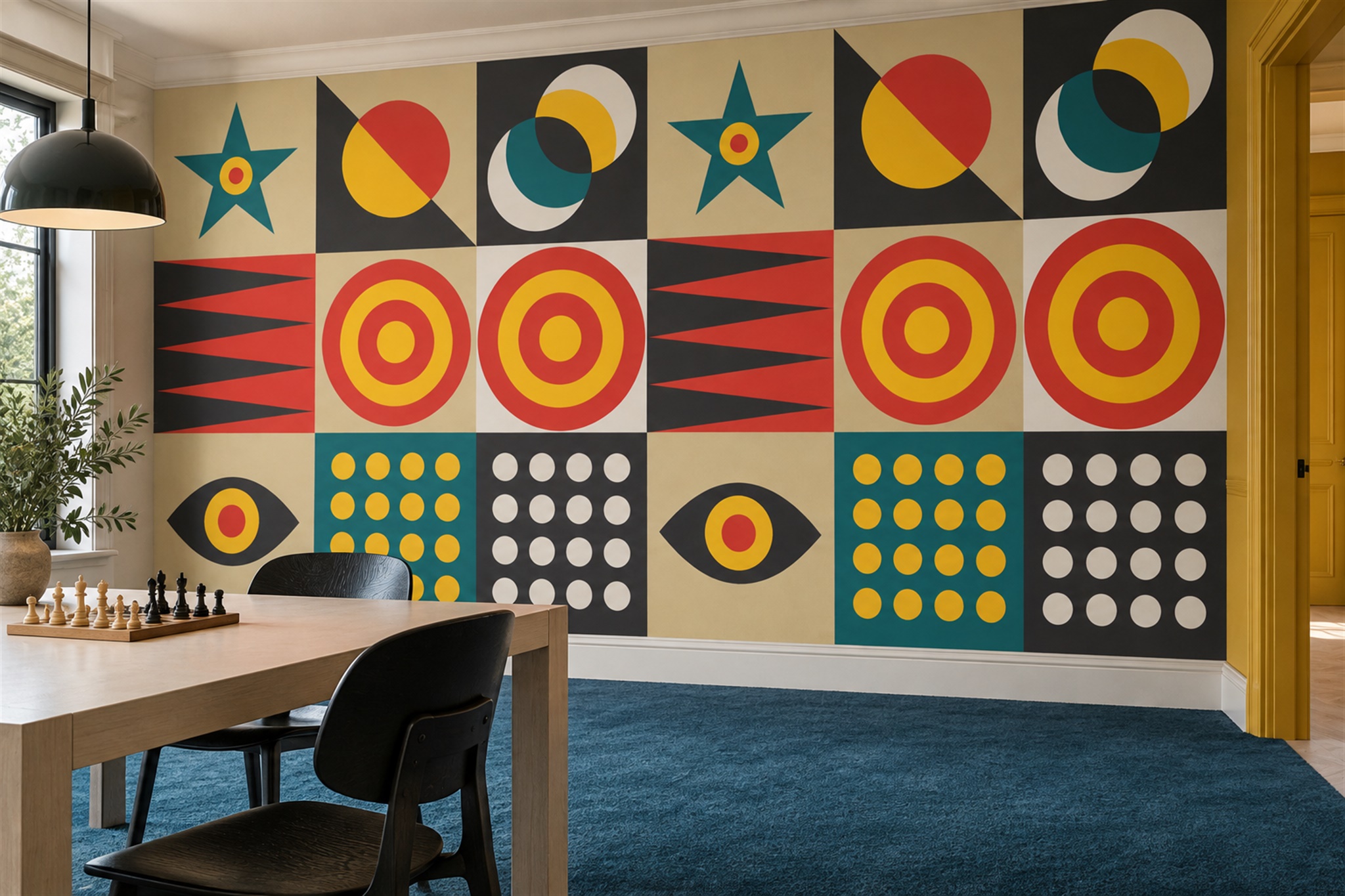 Yellow Geometric Abstract Wallpaper Mural Dining-room-wallpaper-murals, Peel-and-stick Finish