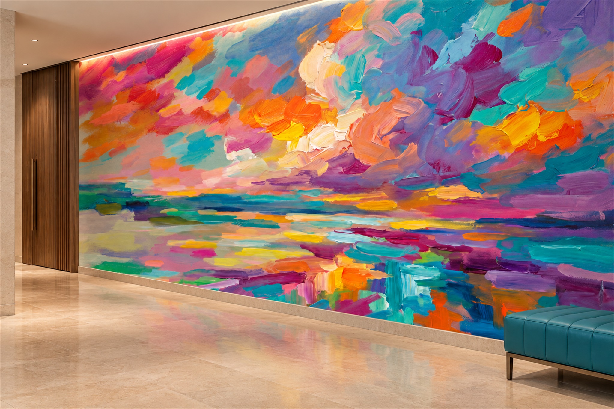 Vibrant Multicolour Brushstroke Abstract Wallpaper Mural — Installed Wallpaper Mural In A Hallway, Peel-and-stick Finish