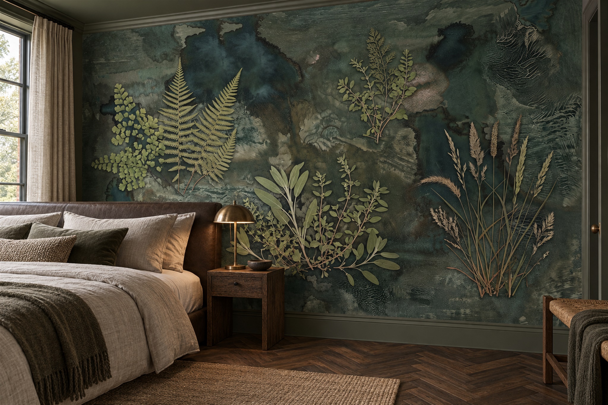 Dark Green Fern And Botanical Specimen Wallpaper Mural — Installed Wallpaper Mural In A Bedroom, Peel-and-stick Finish