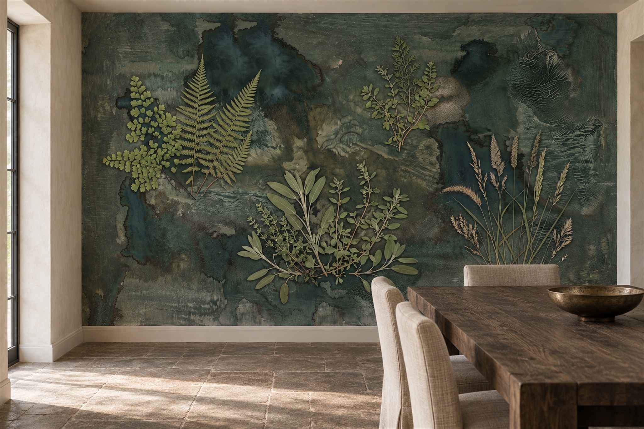 Green Botanical Botanical Layered Wallpaper Mural Dining-room-wallpaper-murals, Shown In A Dining Room, Peel-and-stick Finish