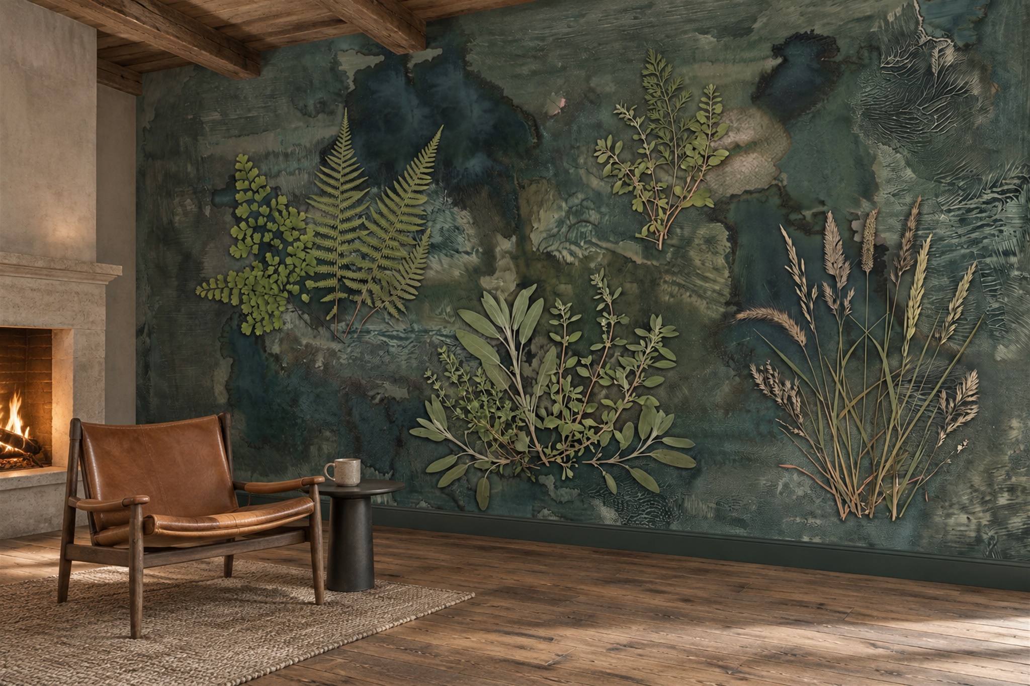 Green Botanical Botanical Layered Wallpaper Mural Bedroom-wallpaper-murals, Peel-and-stick Finish