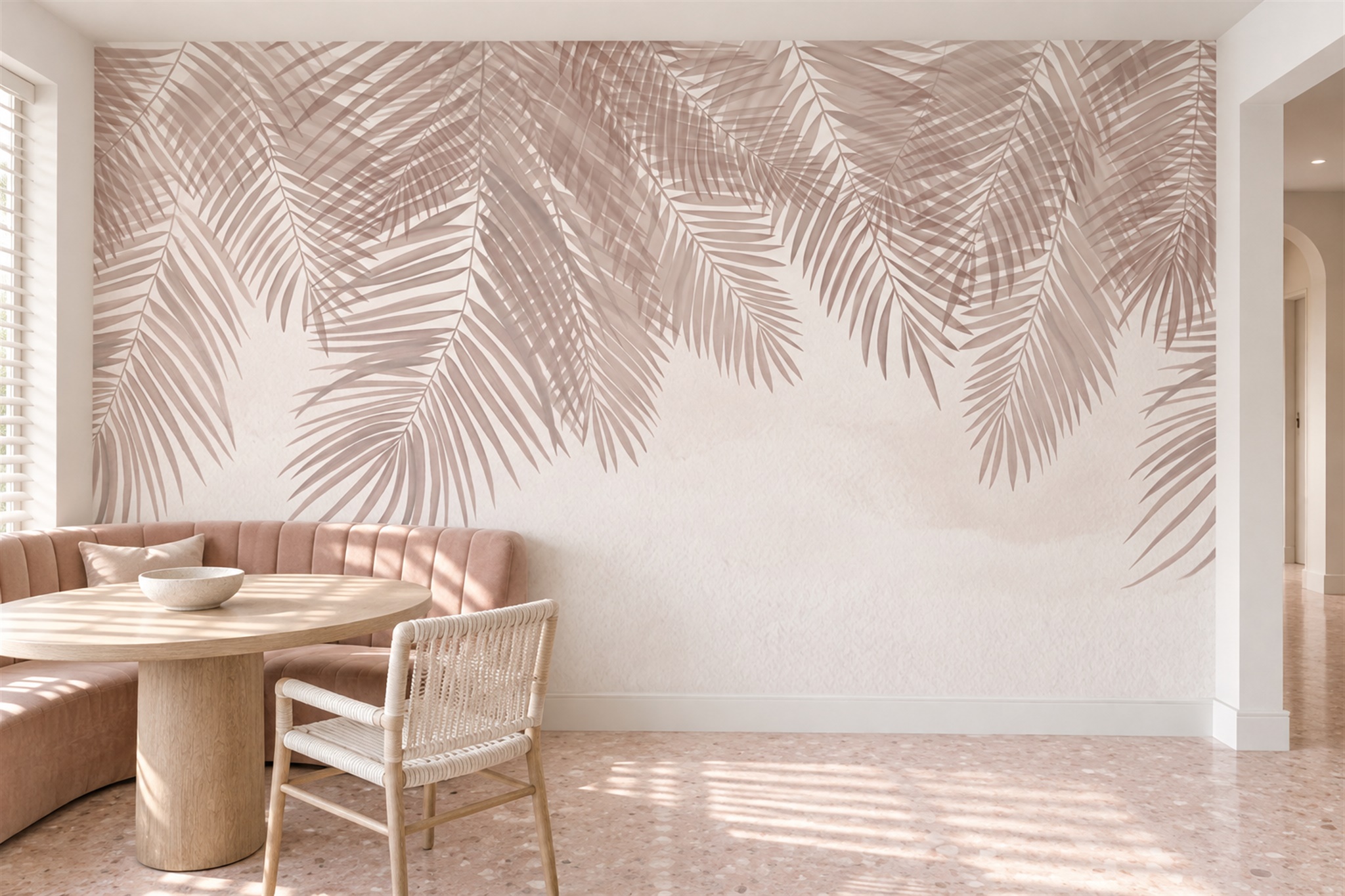 Pink Tropical Artful Wallpaper Mural Dining-room-wallpaper-murals, Shown In A Dining Room, Peel-and-stick Finish
