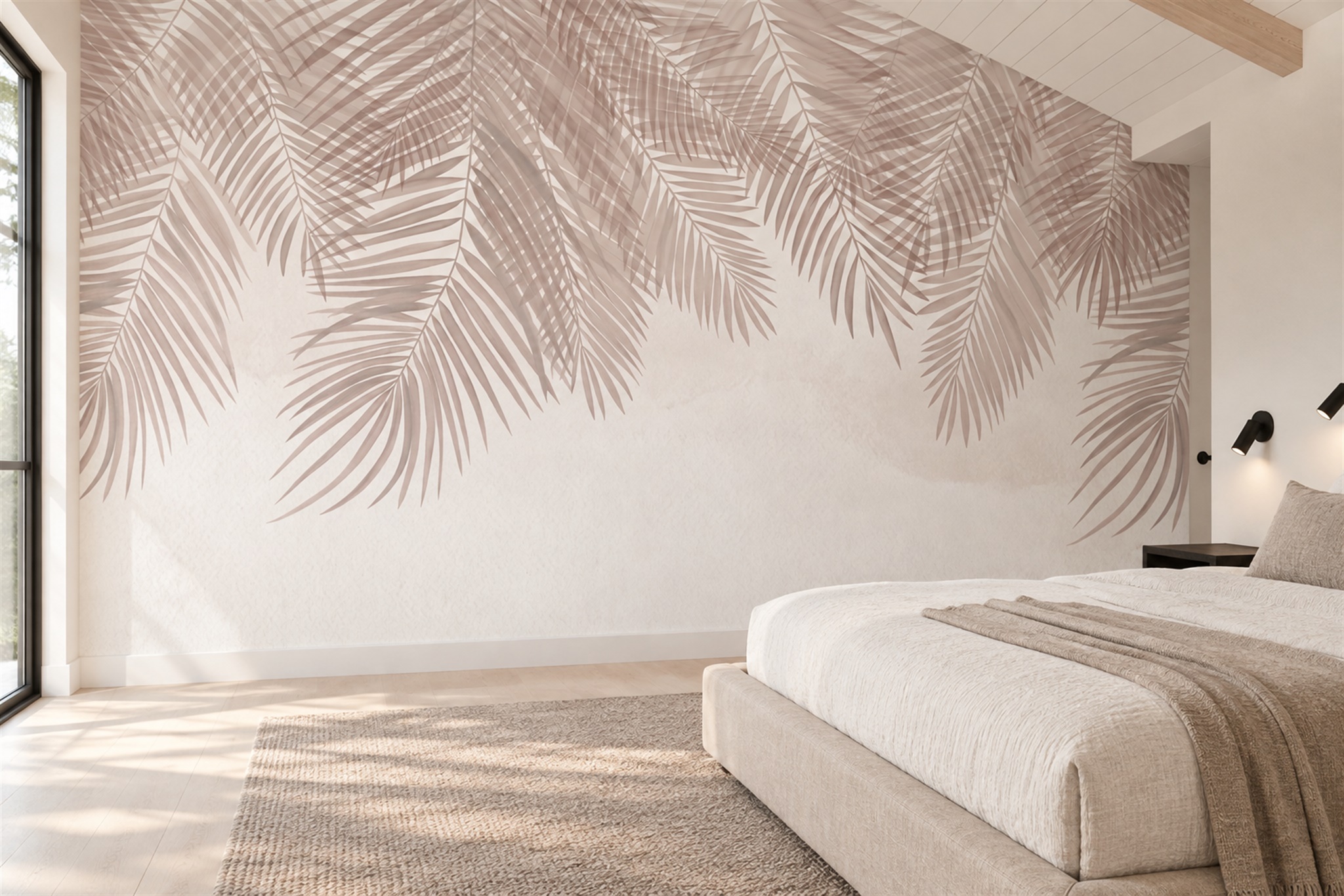 Pink Tropical Artful Wallpaper Mural Bedroom-wallpaper-murals, Peel-and-stick Finish
