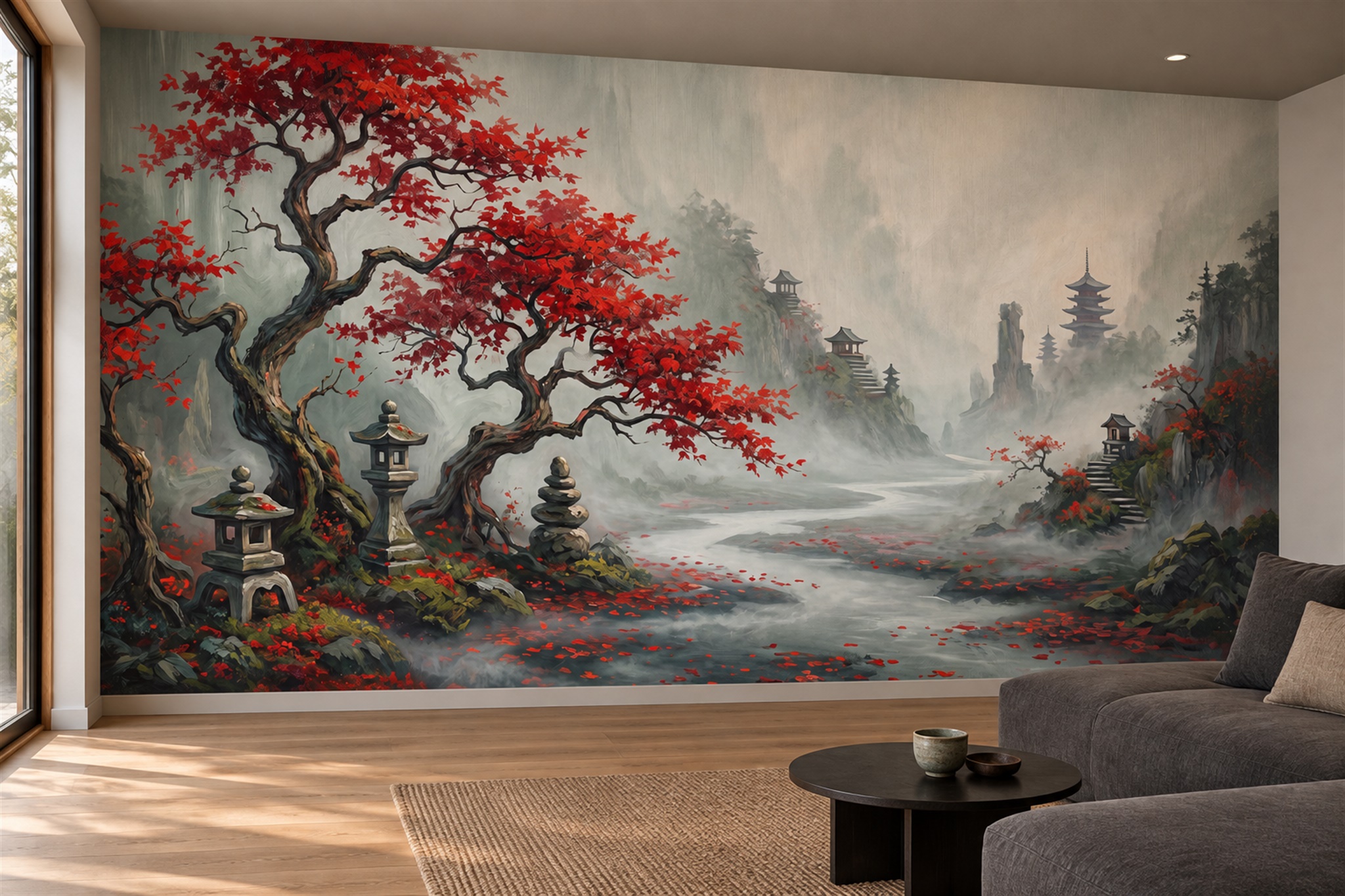 Red Trees Scenic Wallpaper Mural Living-room-wallpaper-murals, Shown In A Living Room, Peel-and-stick Finish