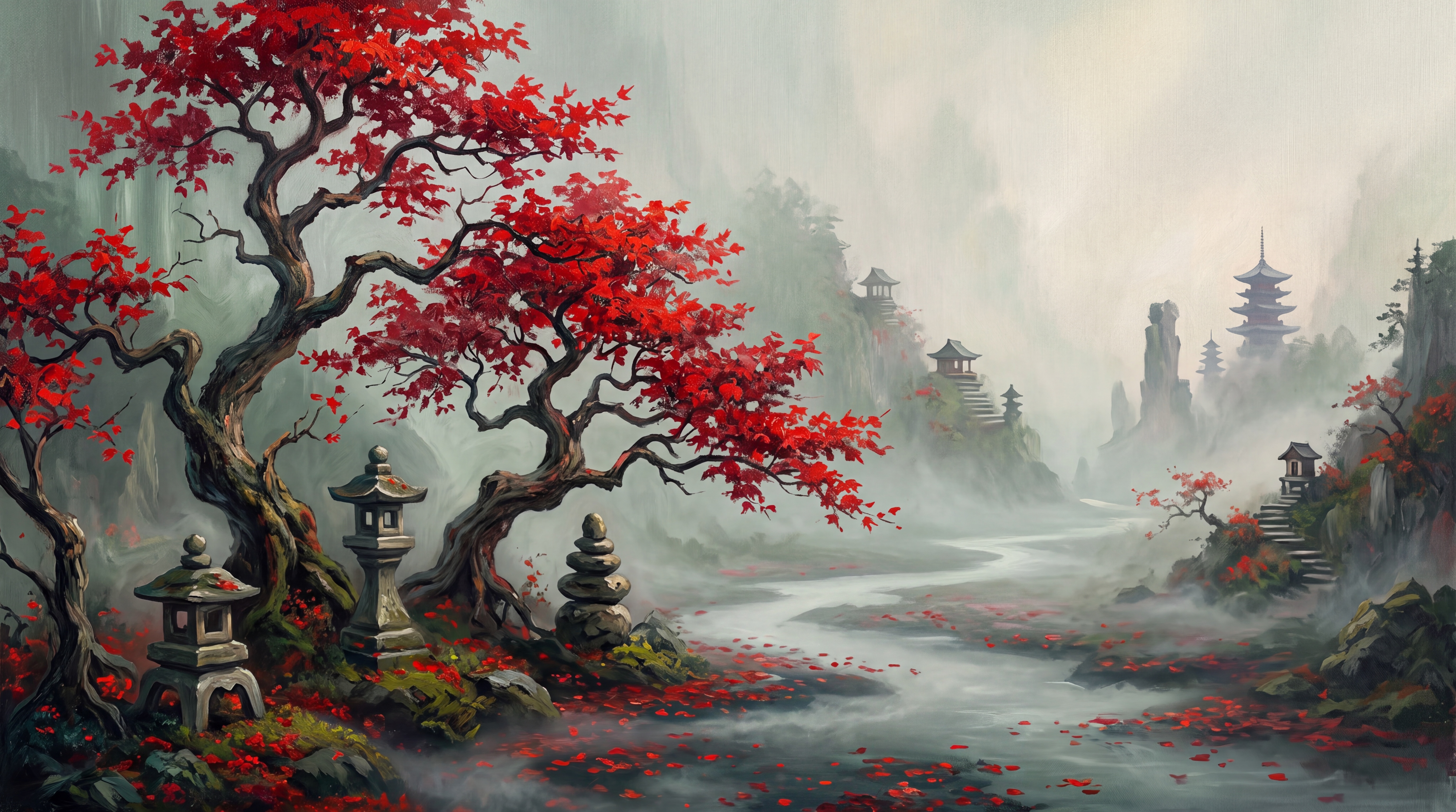 Red Trees Scenic Wallpaper Mural, Peel-and-stick Finish