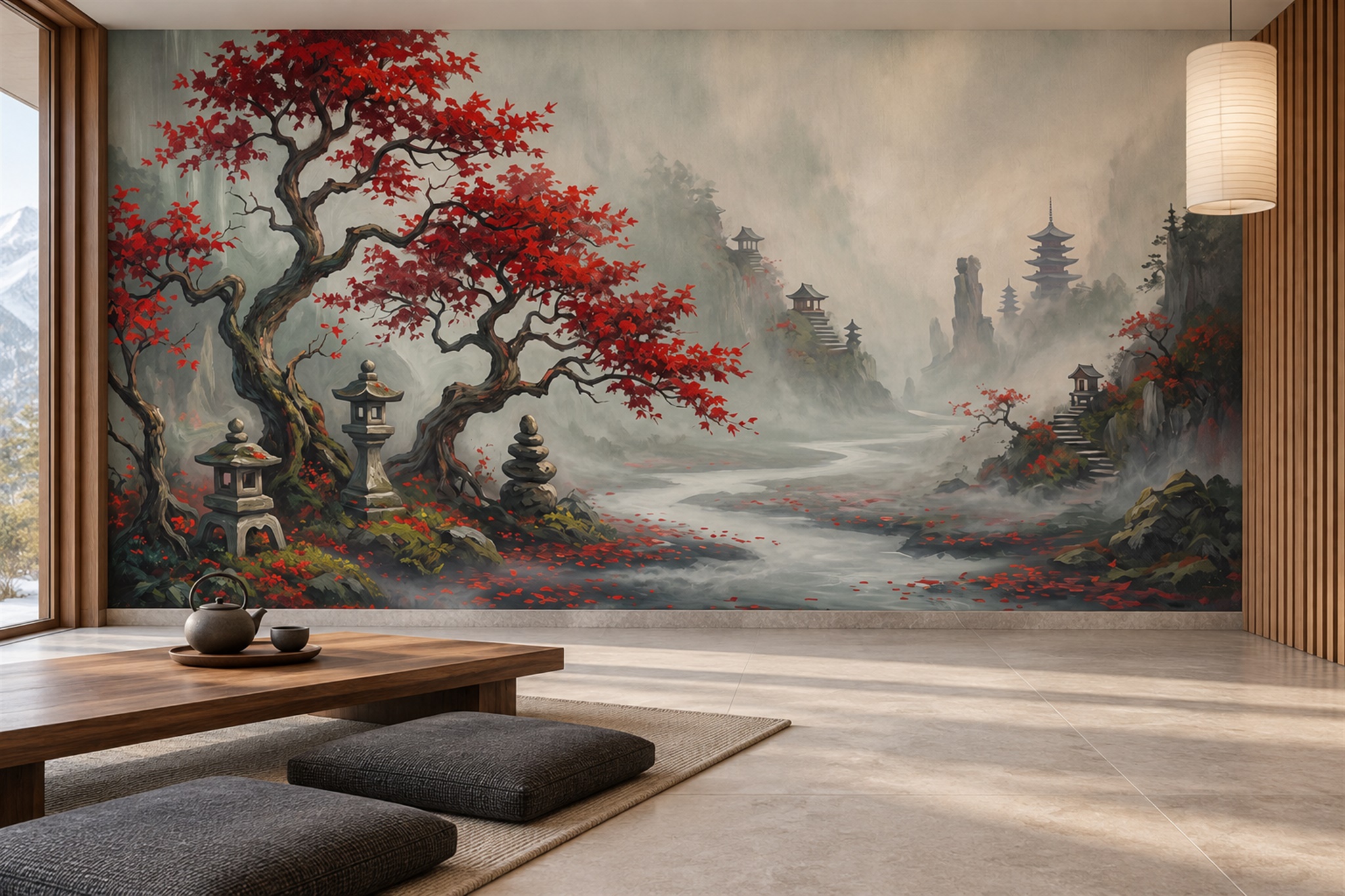 Red Trees Scenic Wallpaper Mural Accent-wall-wallpaper-murals, Peel-and-stick Finish