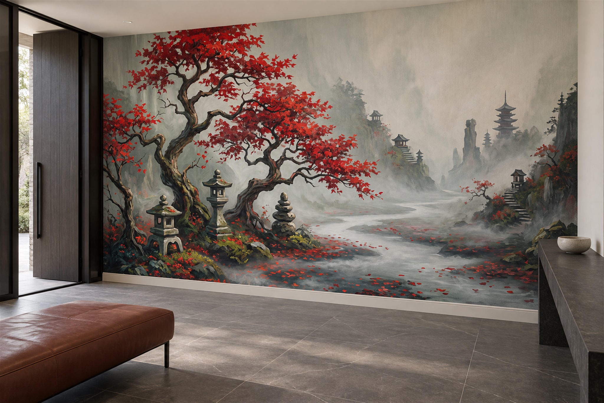Red Trees Scenic Wallpaper Mural Accent-wall-wallpaper-murals, Peel-and-stick Finish