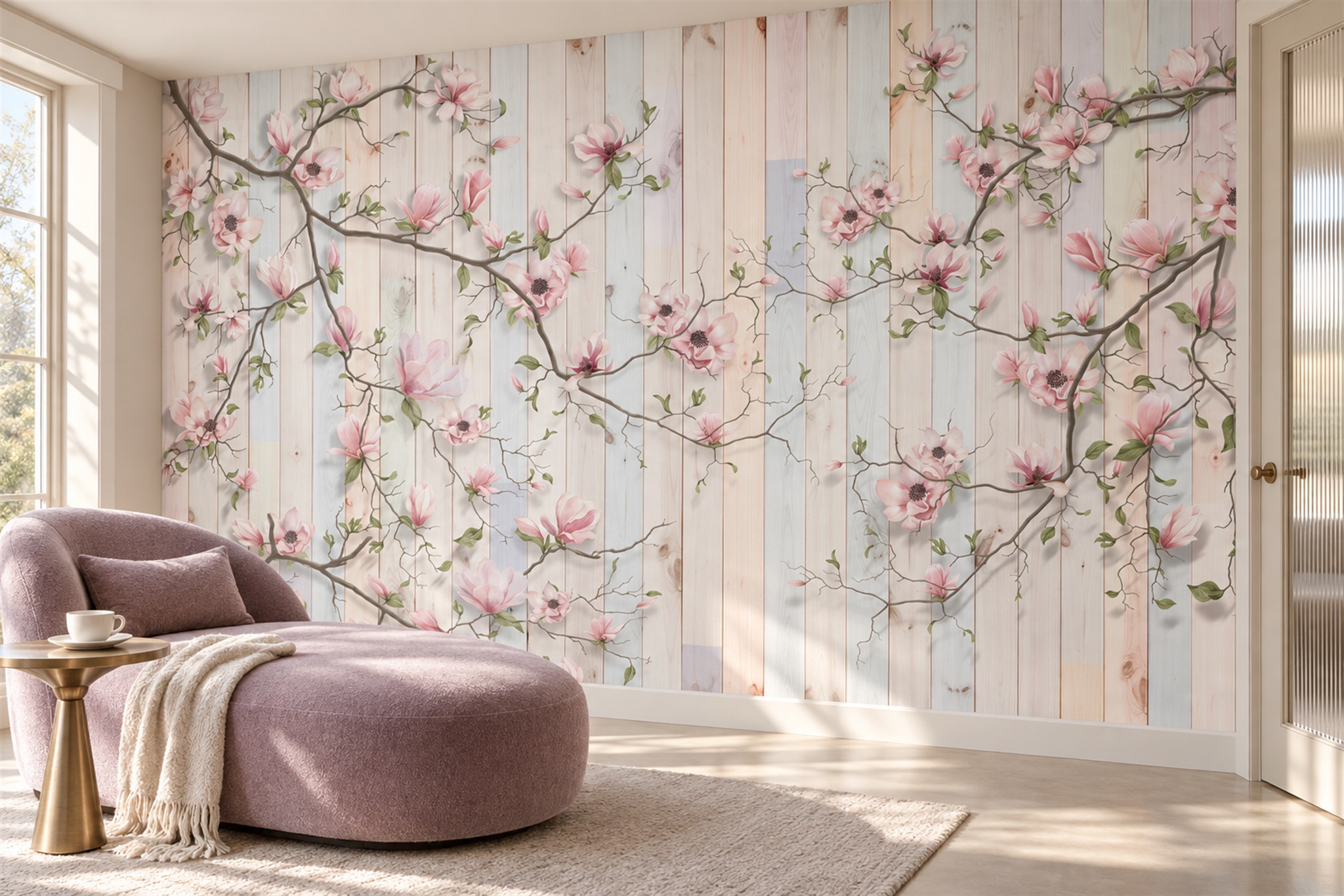 Pink Pattern Decorative Blossom Wallpaper Mural Home-office-wallpaper-murals, Shown In A Home Office, Peel-and-stick Finish