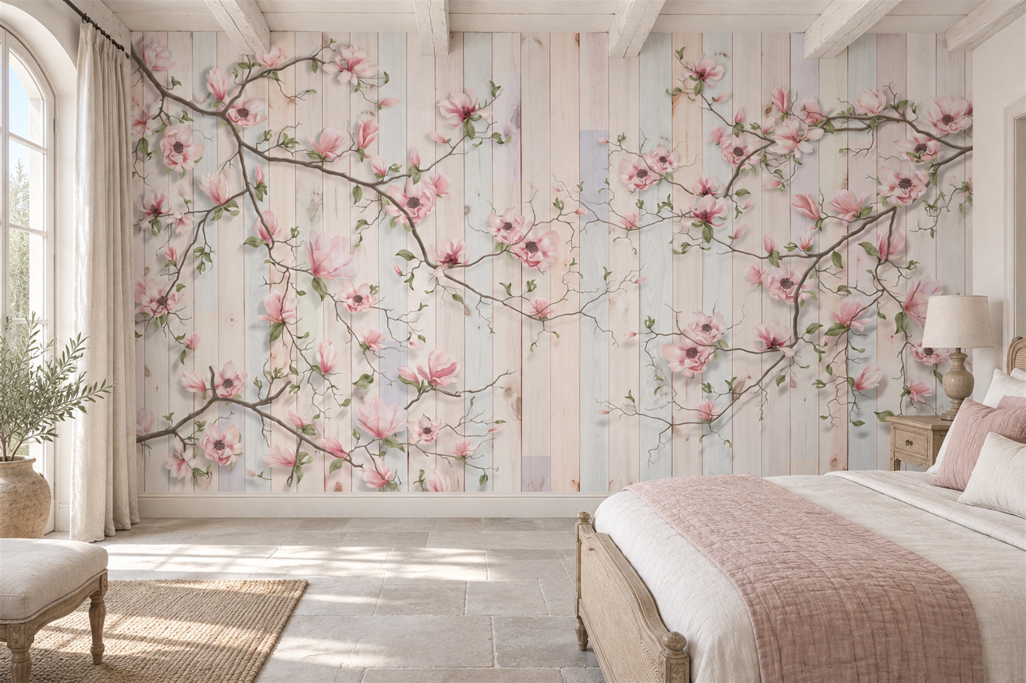 Pink Magnolia On Whitewashed Wood Wallpaper Mural — Installed Wallpaper Mural In A Bedroom, Peel-and-stick Finish