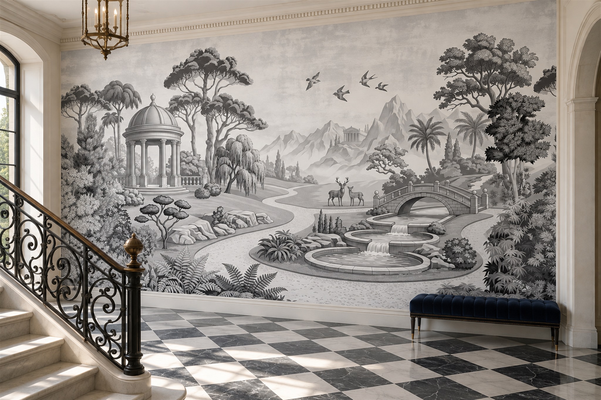 Monochrome Garden Pavilion And Bridge Toile Wallpaper Mural — Wallpaper Mural Design, Peel-and-stick Finish