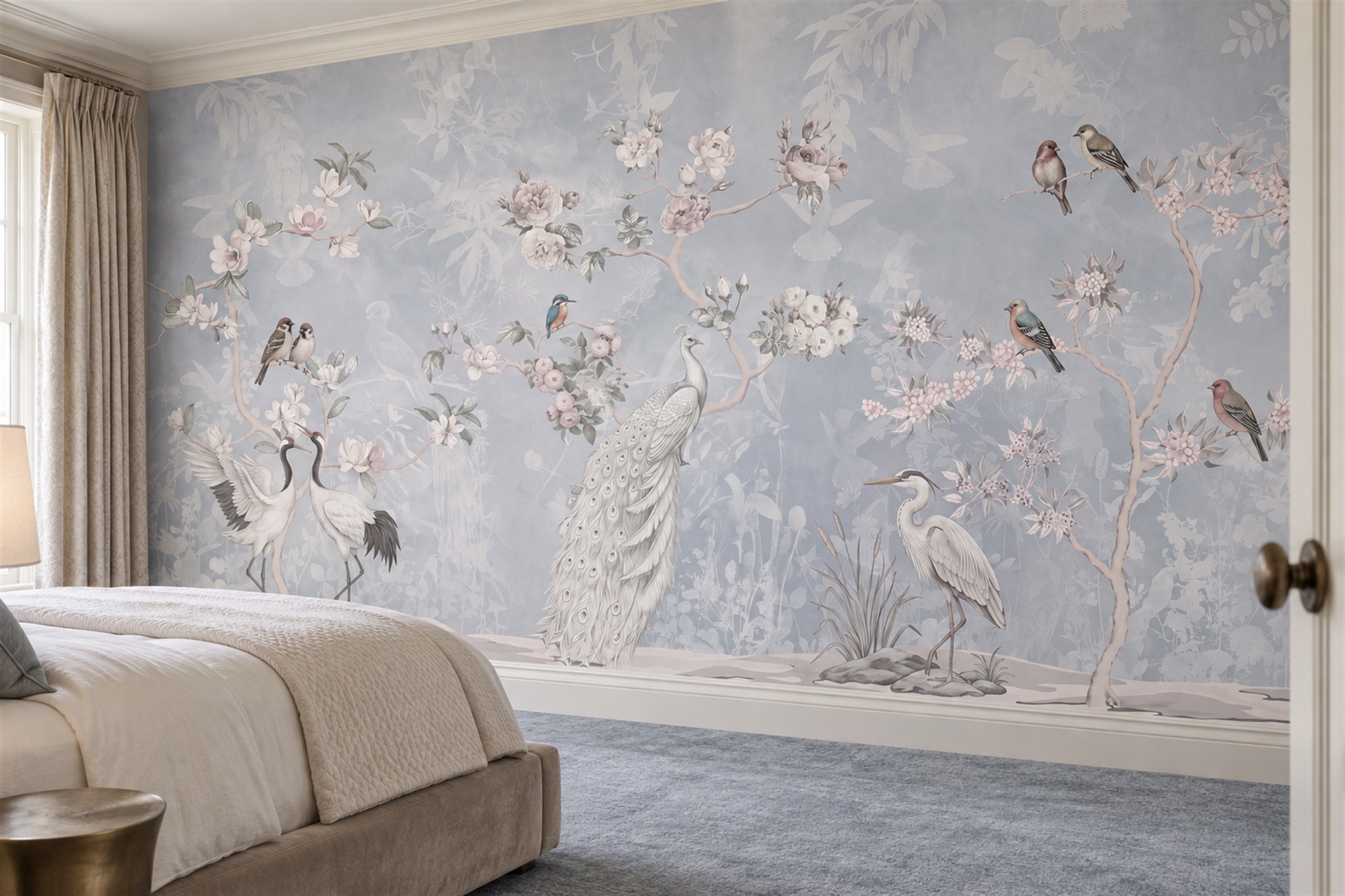 Grey Peacock Illustrated Wallpaper Mural Bedroom-wallpaper-murals, Peel-and-stick Finish